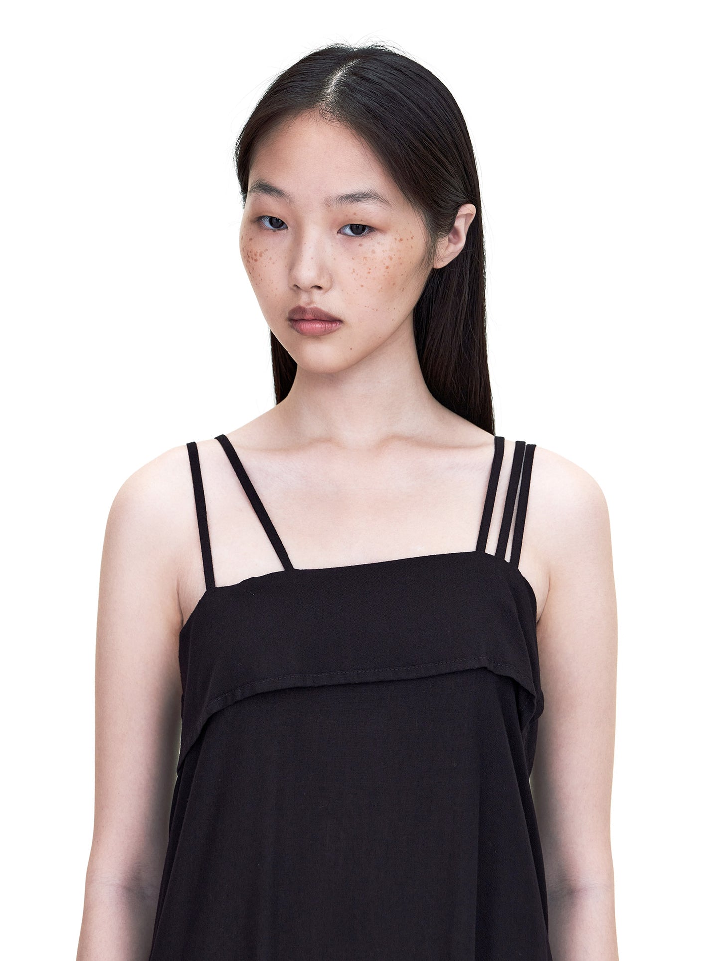 BLACK SPAGHETTI SHOULDER SQUARE NECK ASYMMETRIC CUTTING DRESS