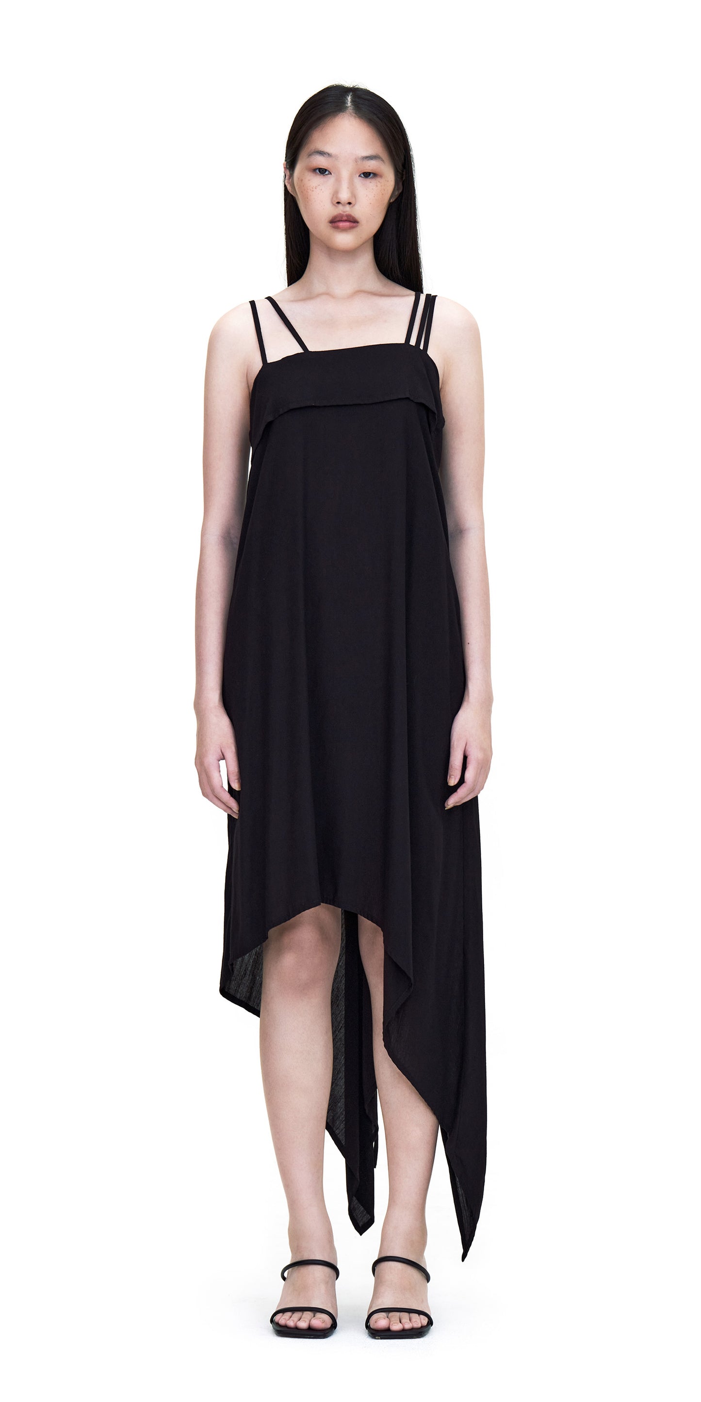 BLACK SPAGHETTI SHOULDER SQUARE NECK ASYMMETRIC CUTTING DRESS