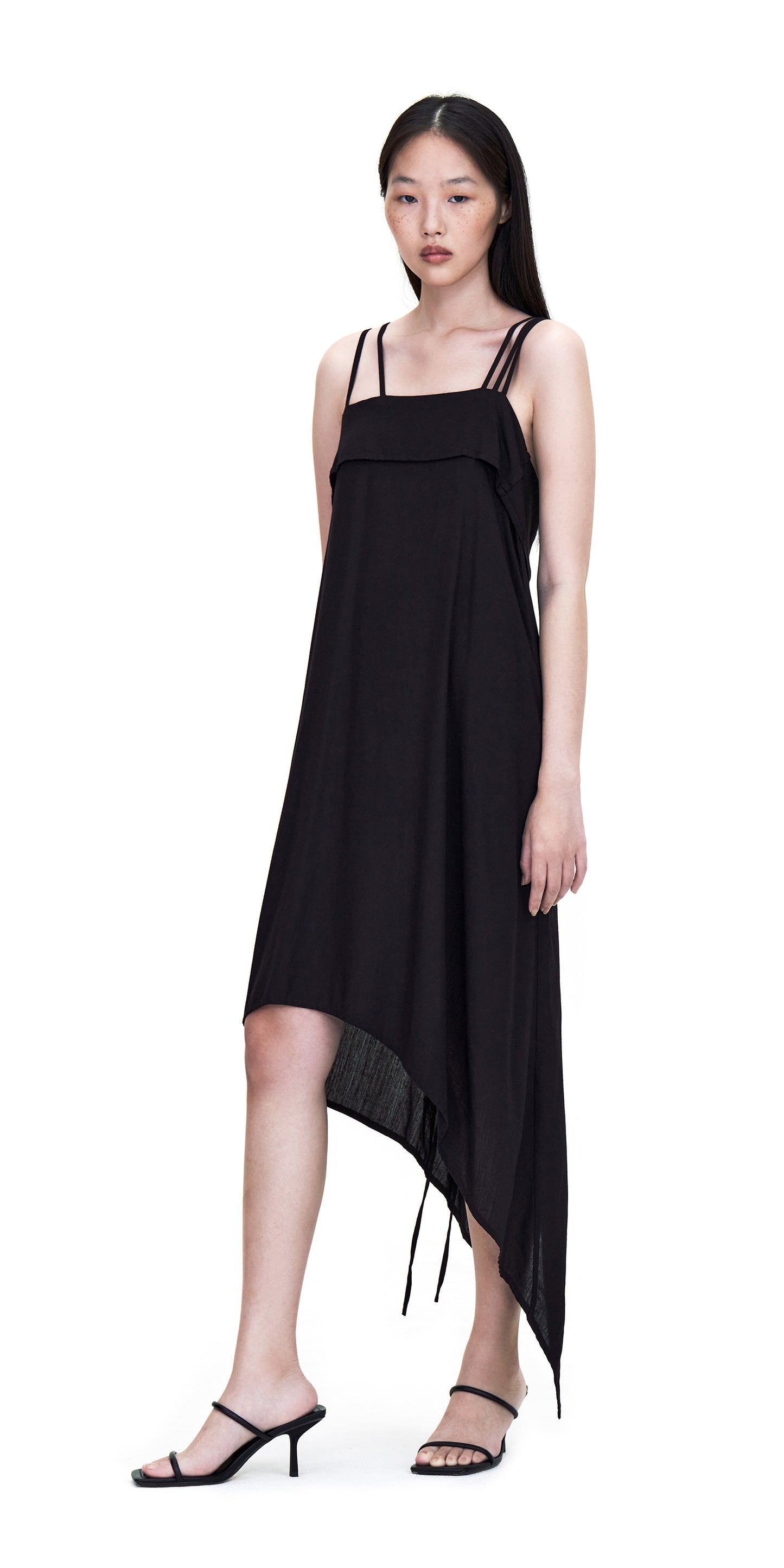 BLACK SPAGHETTI SHOULDER SQUARE NECK ASYMMETRIC CUTTING DRESS