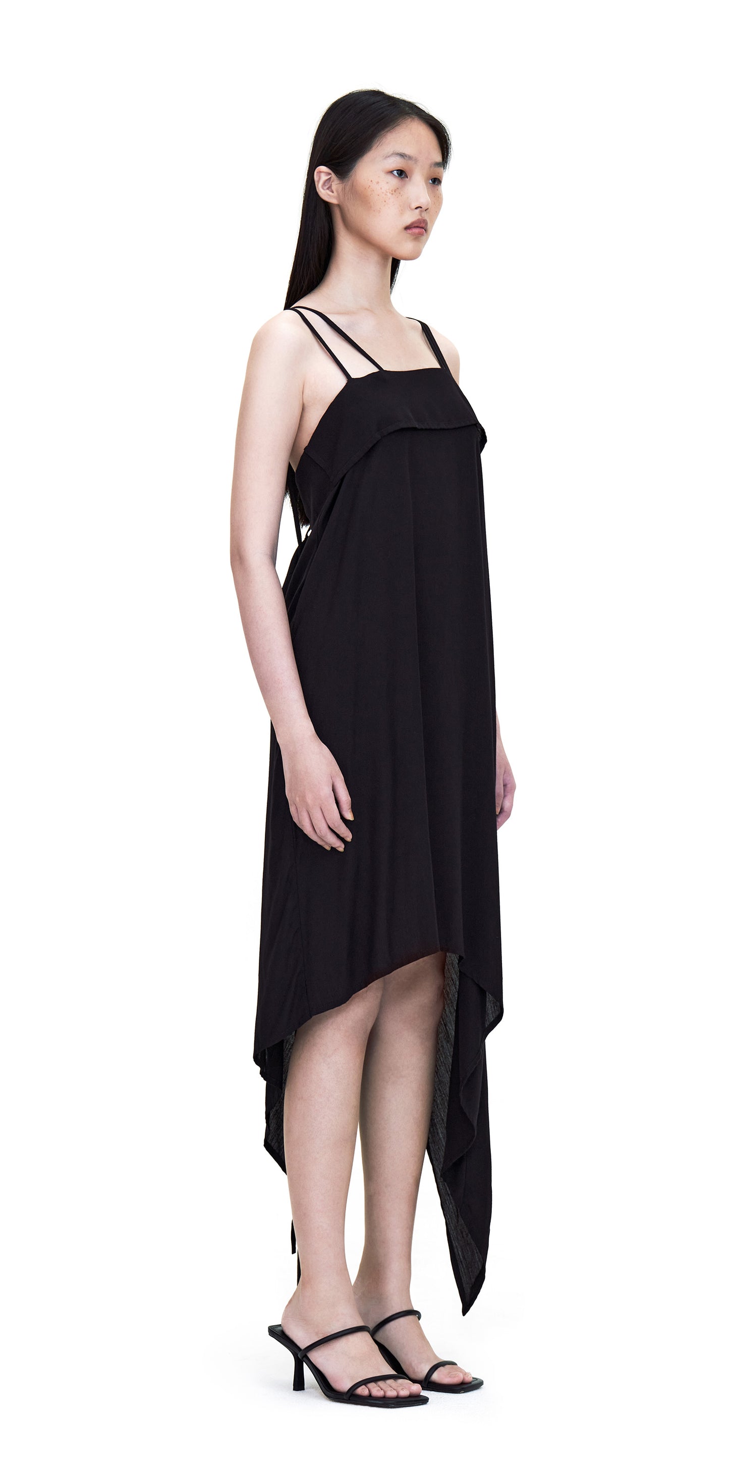 BLACK SPAGHETTI SHOULDER SQUARE NECK ASYMMETRIC CUTTING DRESS