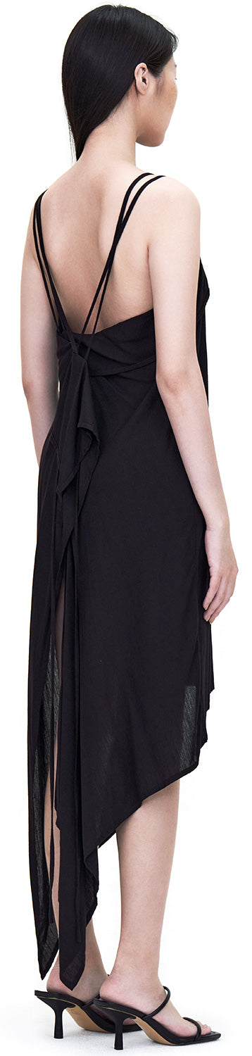BLACK SPAGHETTI SHOULDER SQUARE NECK ASYMMETRIC CUTTING DRESS