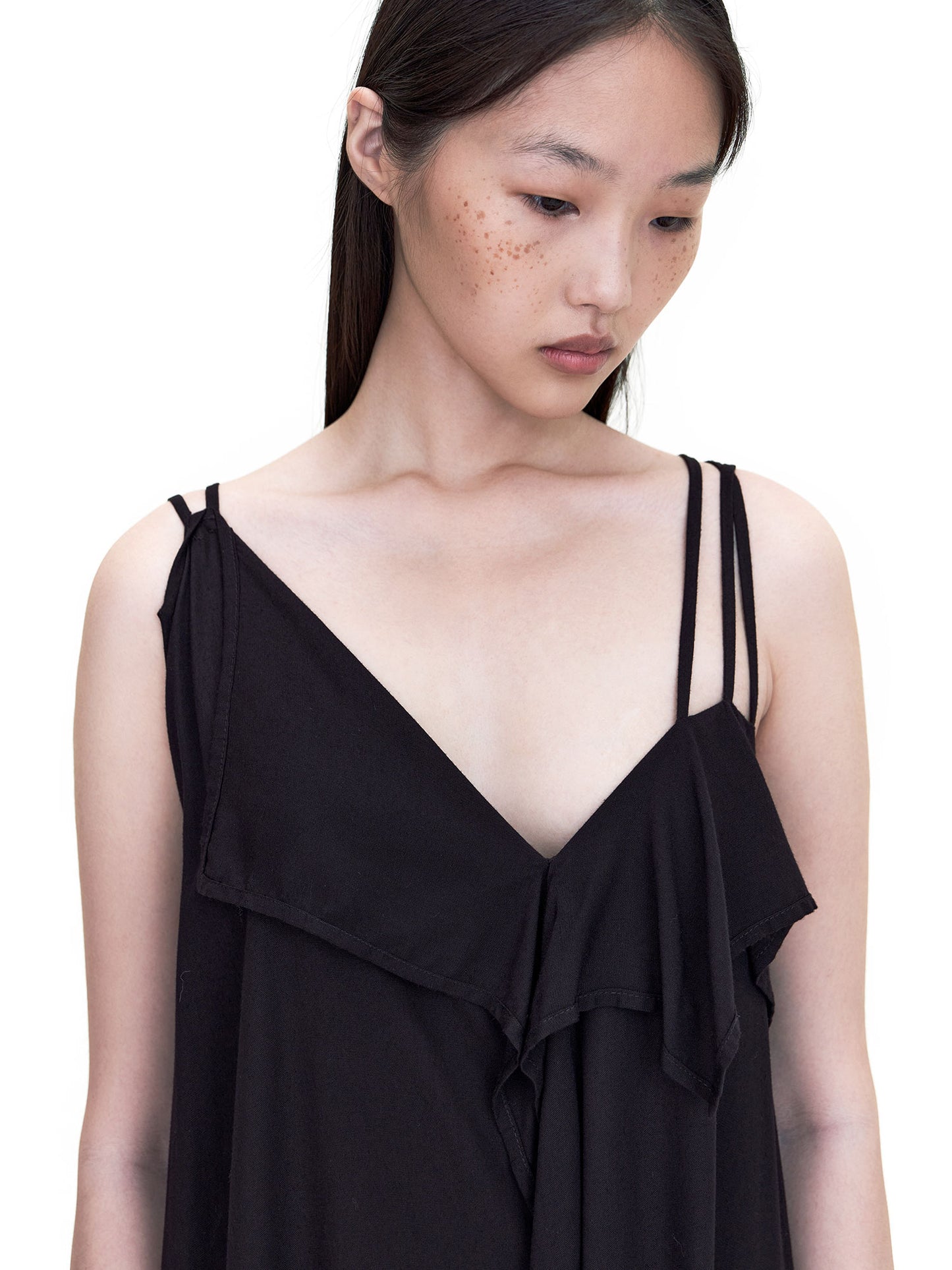 BLACK SPAGHETTI SHOULDER V-SHAPE NECK ASYMMETRIC CUTTING DRESS