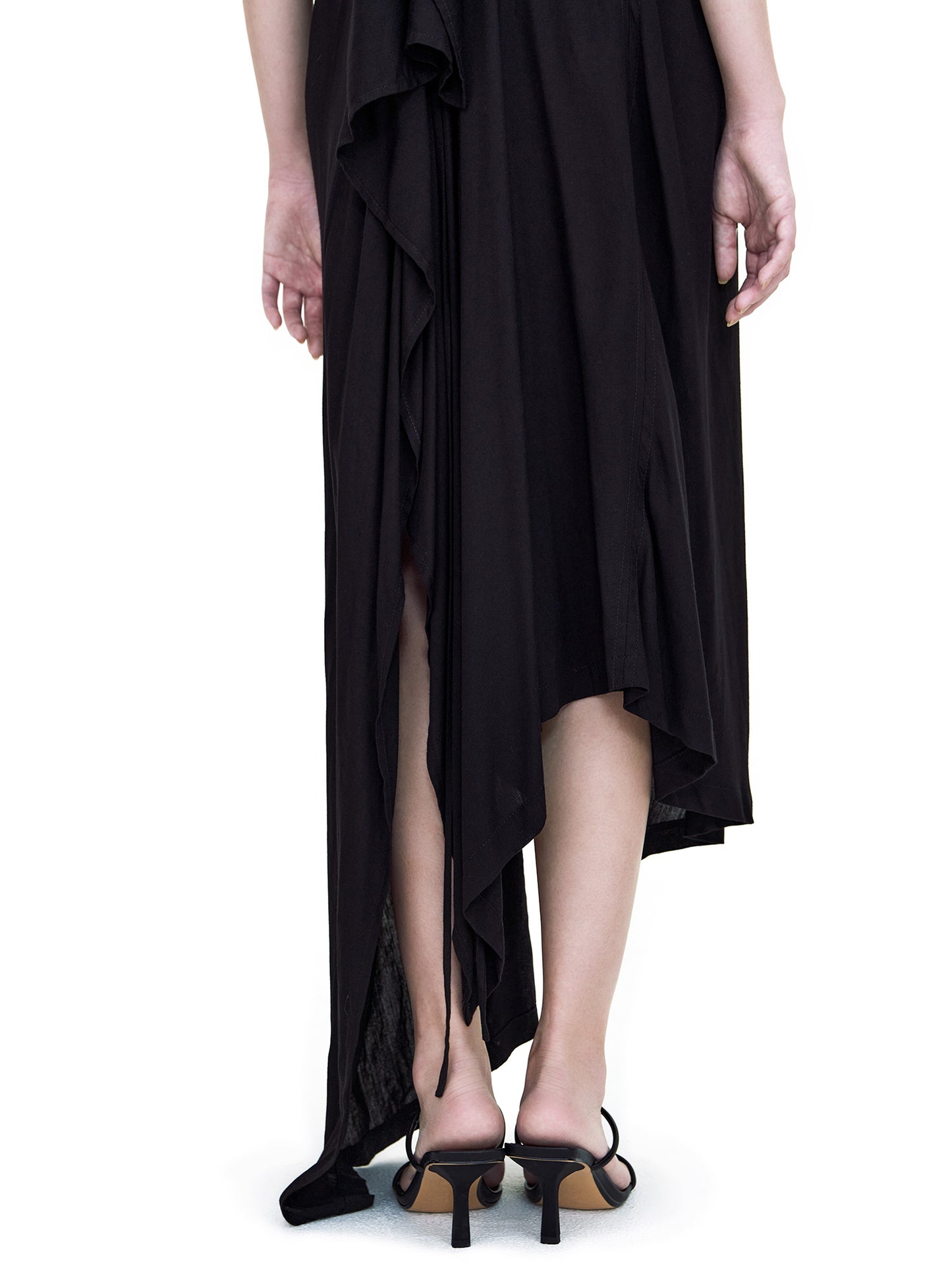 BLACK SPAGHETTI SHOULDER V-SHAPE NECK ASYMMETRIC CUTTING DRESS