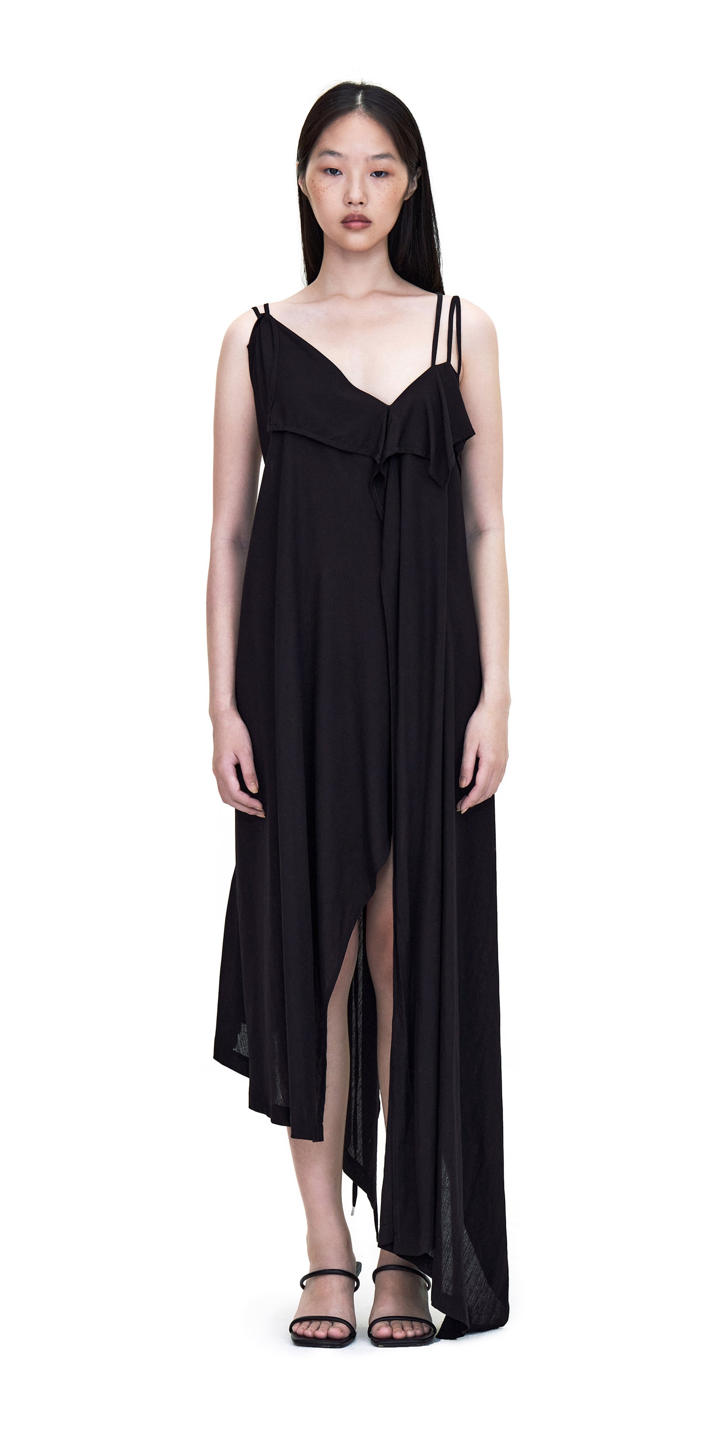 BLACK SPAGHETTI SHOULDER V-SHAPE NECK ASYMMETRIC CUTTING DRESS