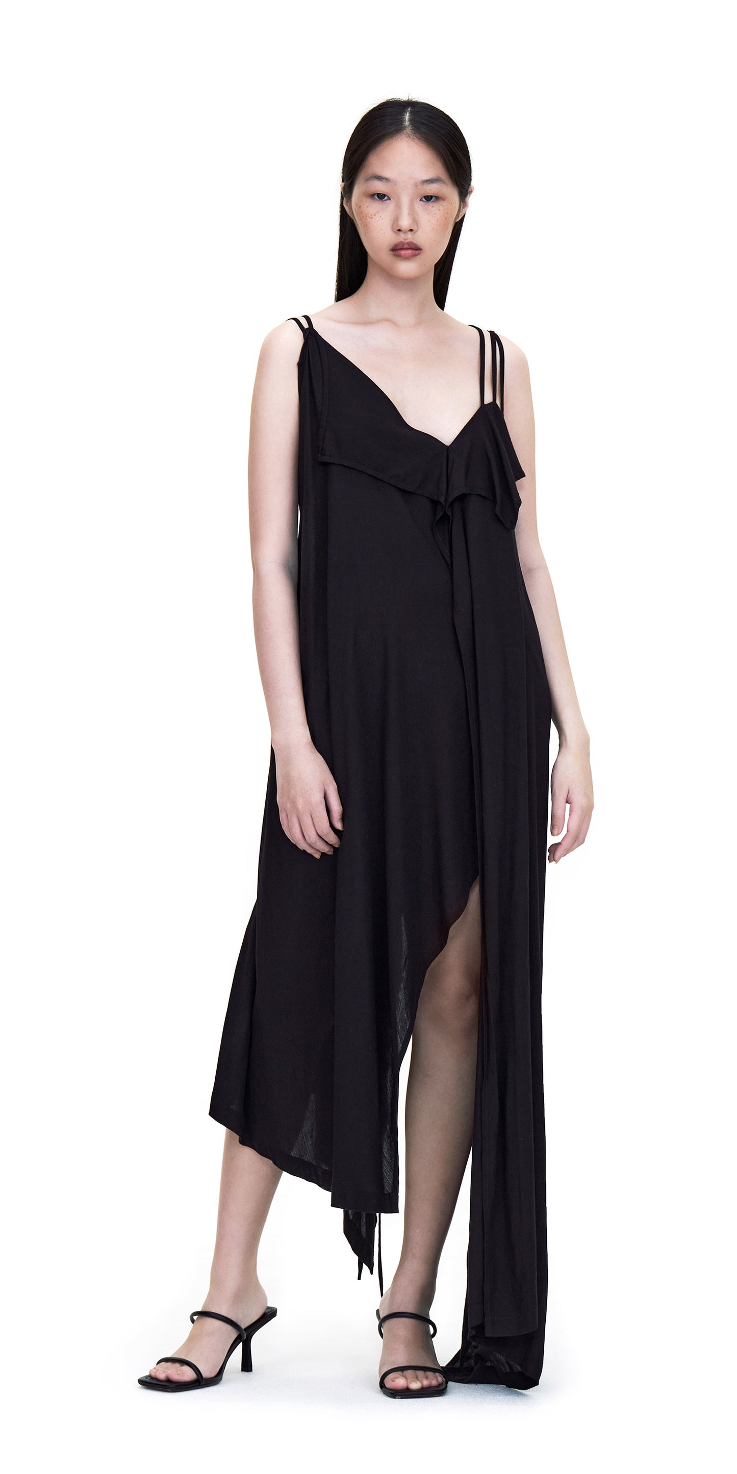 BLACK SPAGHETTI SHOULDER V-SHAPE NECK ASYMMETRIC CUTTING DRESS