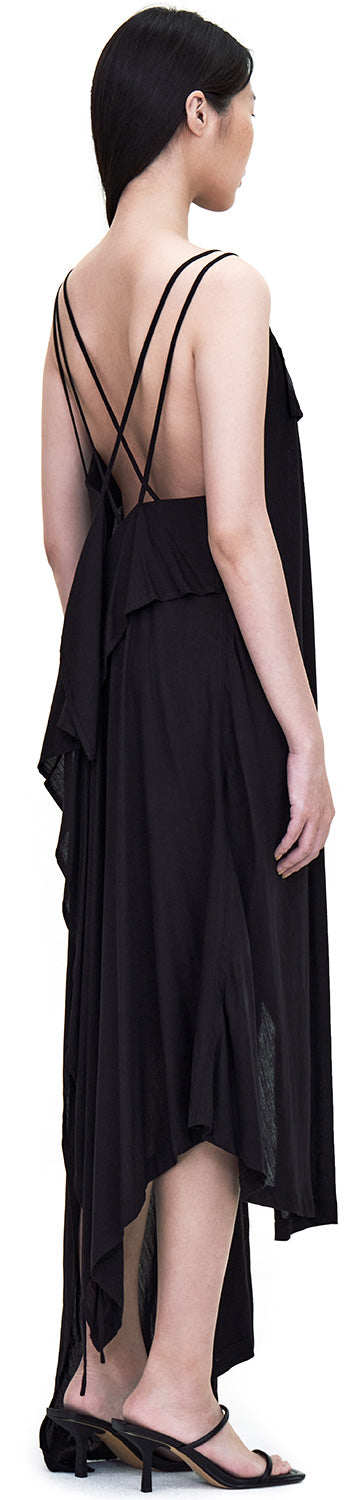 BLACK SPAGHETTI SHOULDER V-SHAPE NECK ASYMMETRIC CUTTING DRESS