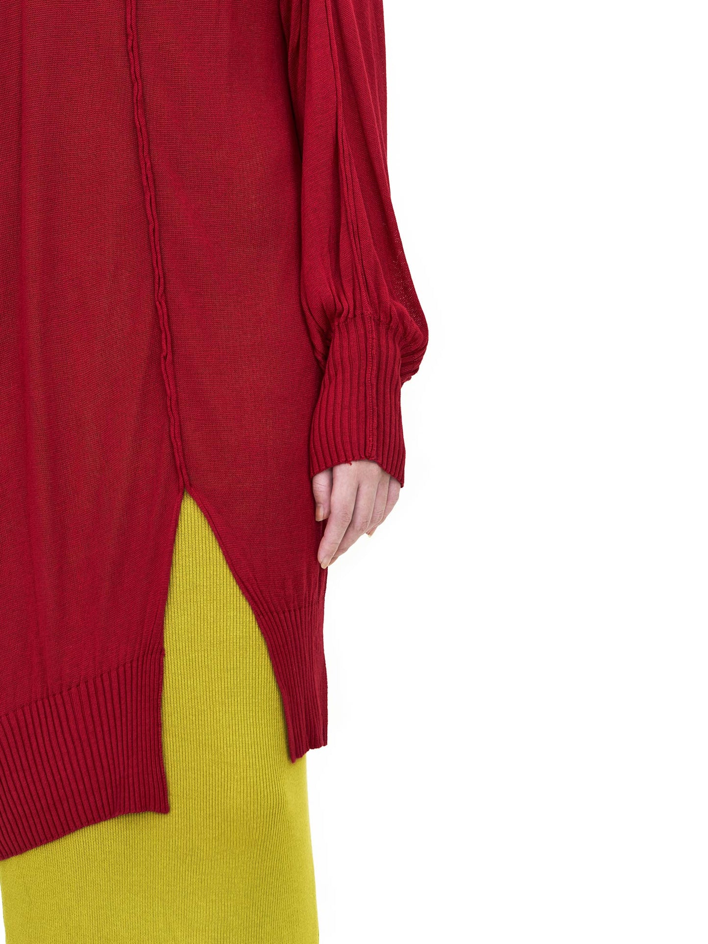 RED LONG SLEEVE OVERSIZED ASYMMETRIC CUTTING KNIT TOP