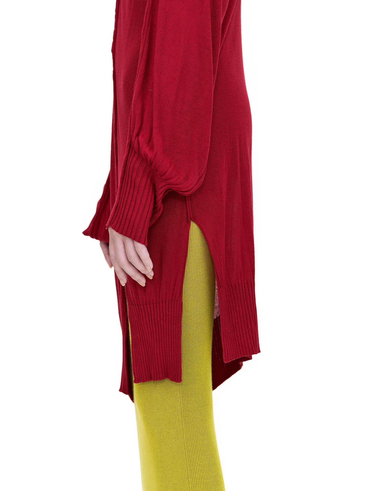 RED LONG SLEEVE OVERSIZED ASYMMETRIC CUTTING KNIT TOP
