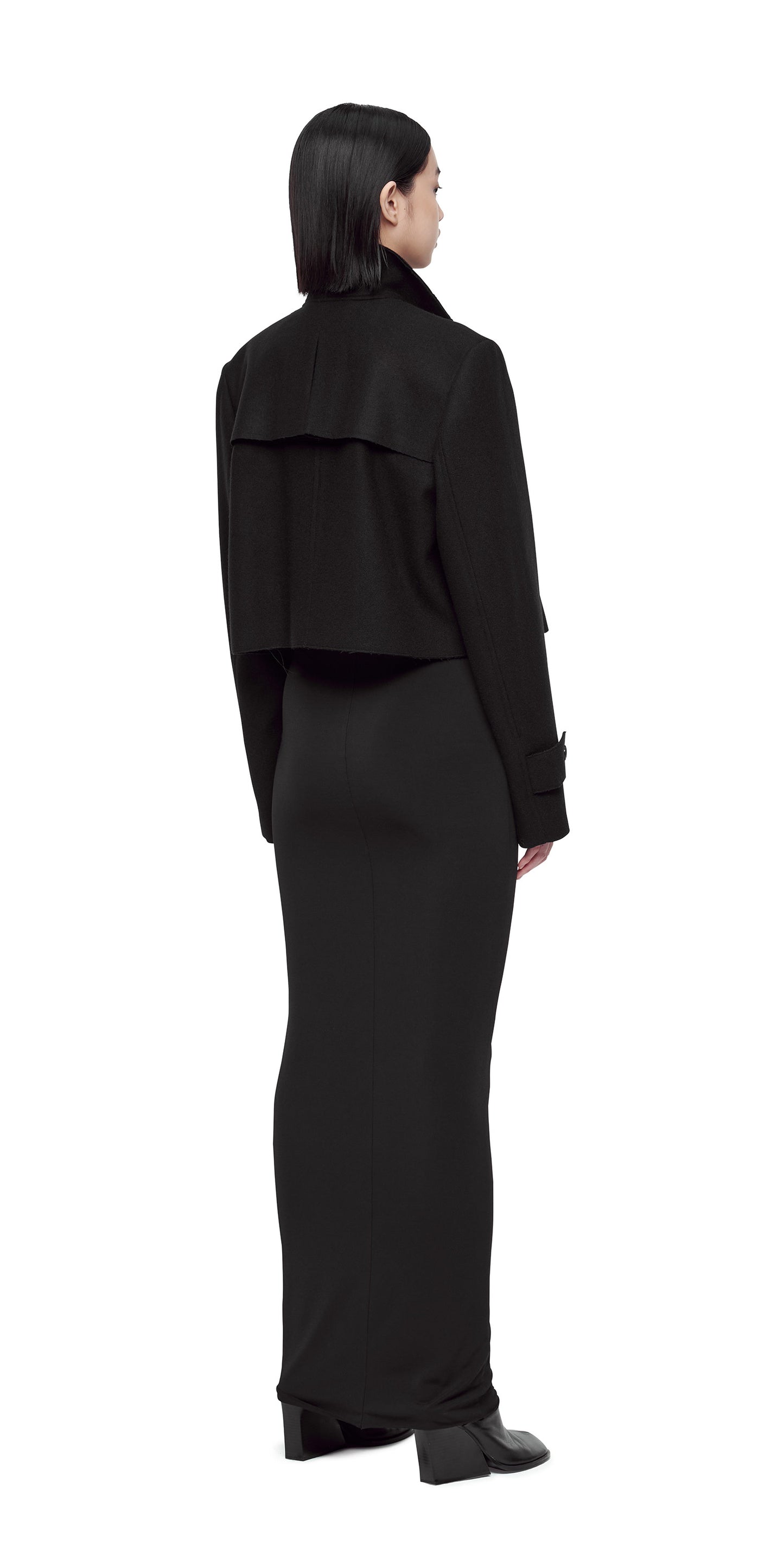 BLACK HIGH-NECK RAW EDGE SHORT TRENCH COAT