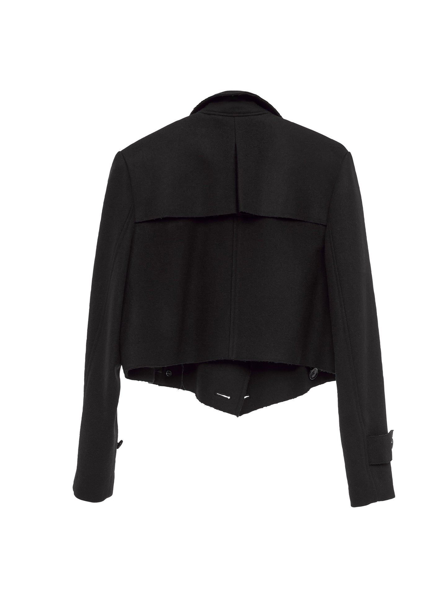 BLACK HIGH-NECK RAW EDGE SHORT TRENCH COAT