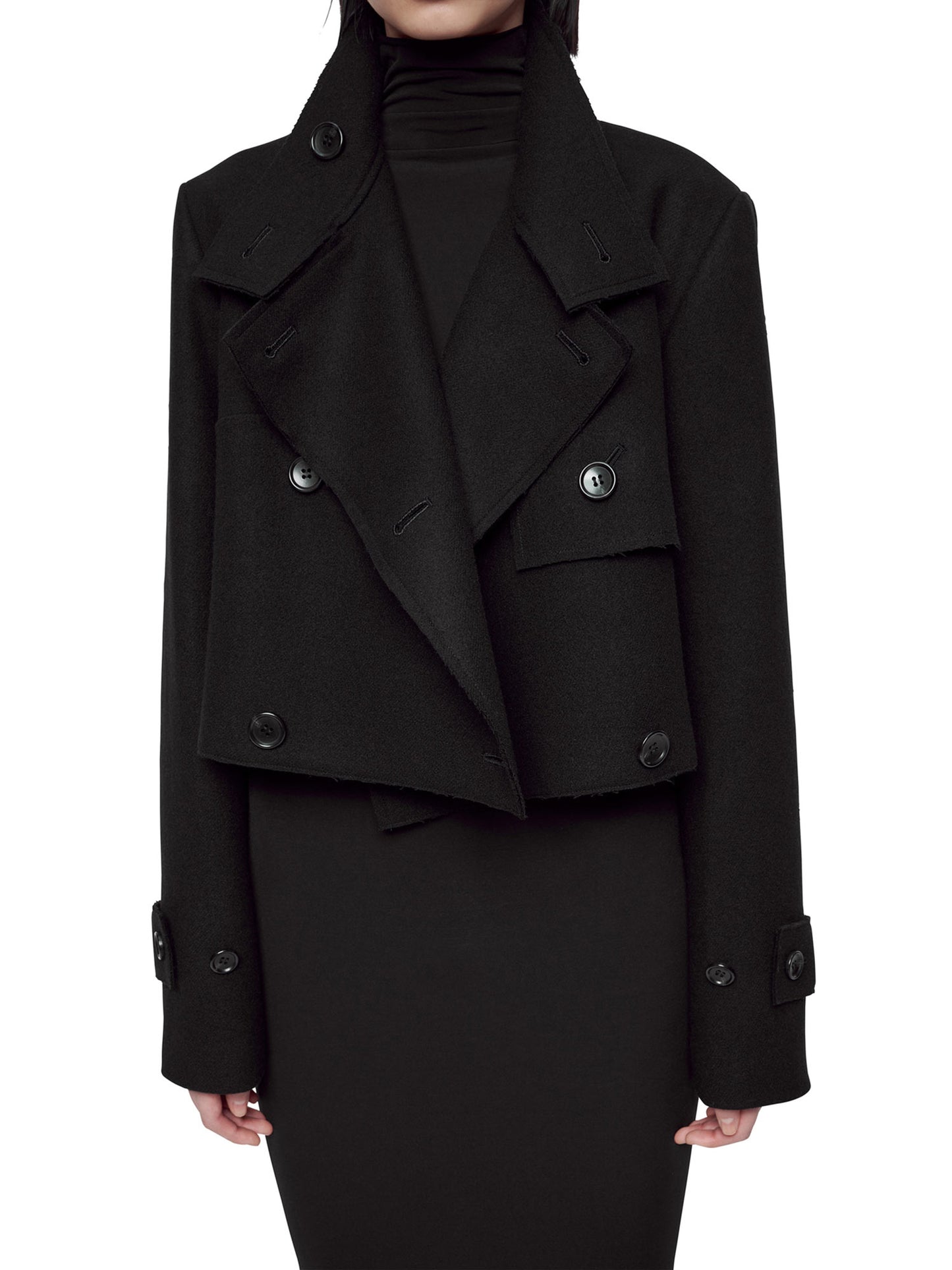 BLACK HIGH-NECK RAW EDGE SHORT TRENCH COAT