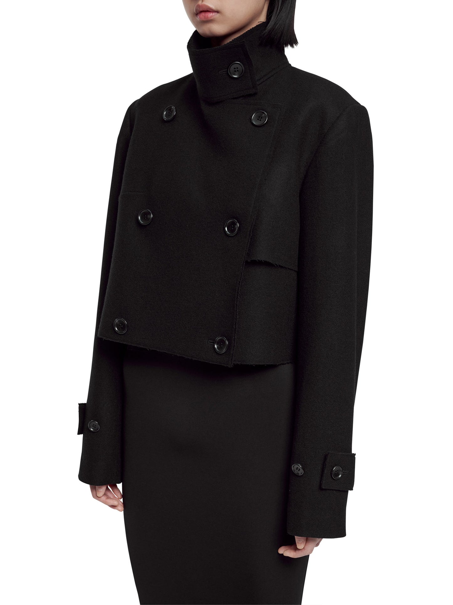 BLACK HIGH-NECK RAW EDGE SHORT TRENCH COAT
