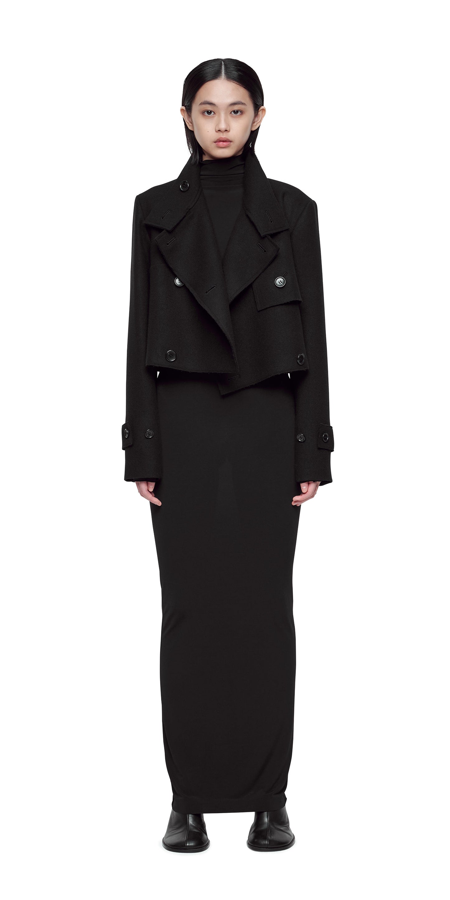 BLACK HIGH-NECK RAW EDGE SHORT TRENCH COAT