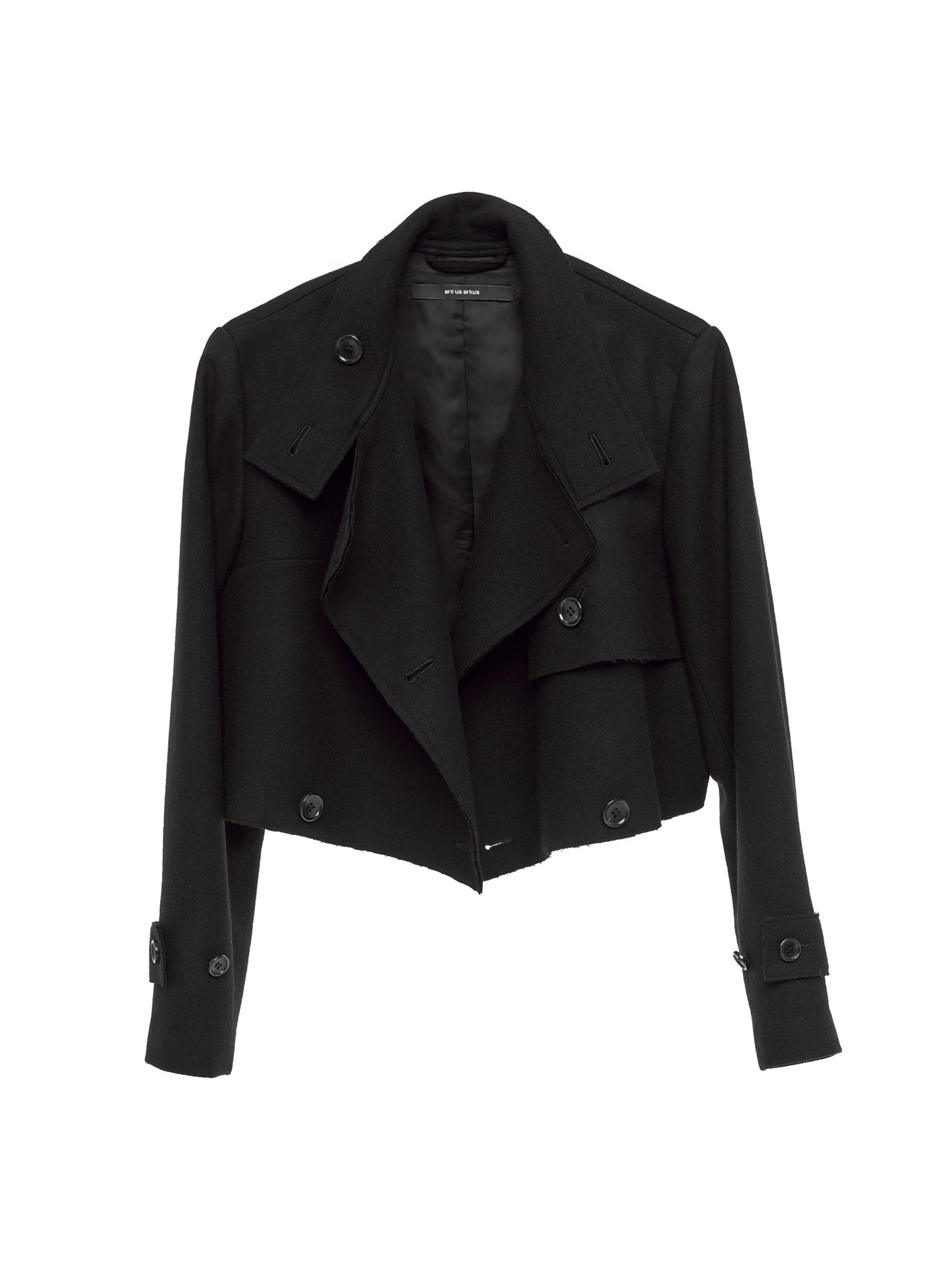 BLACK HIGH-NECK RAW EDGE SHORT TRENCH COAT