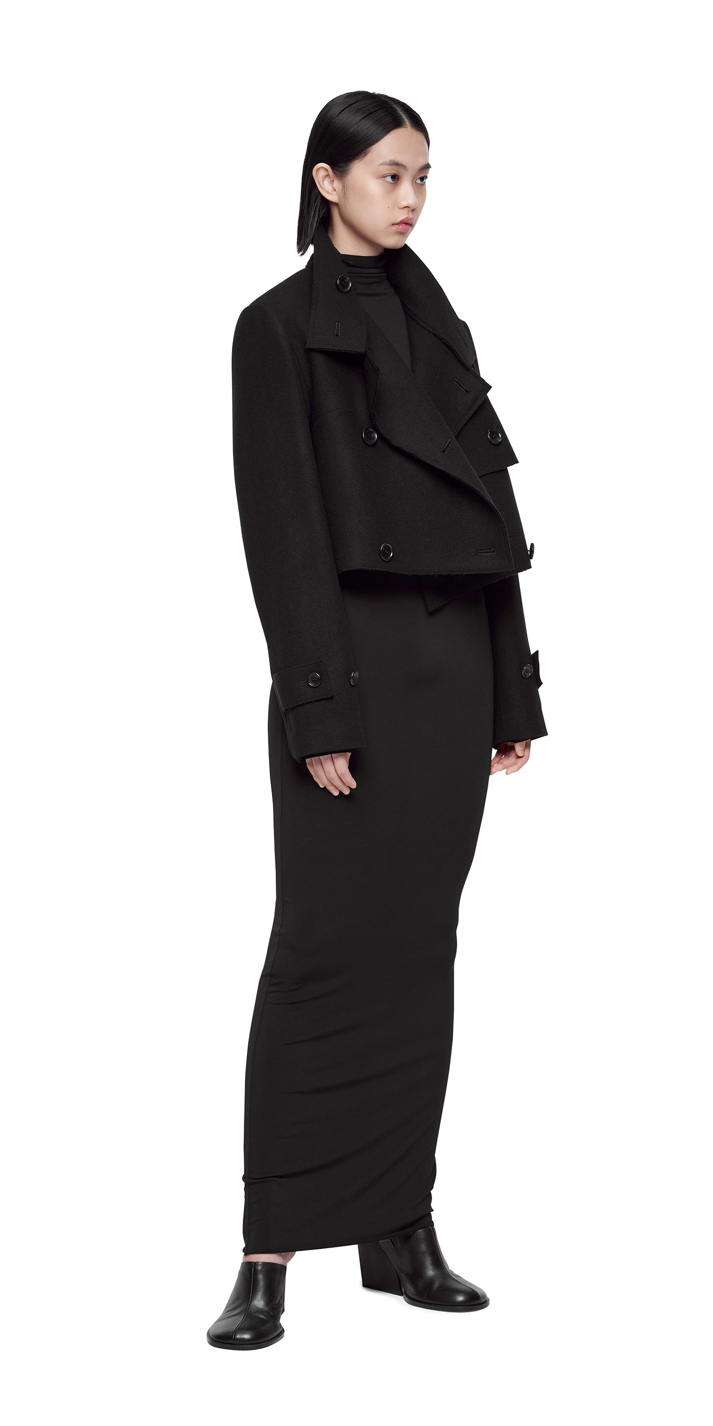 BLACK HIGH-NECK RAW EDGE SHORT TRENCH COAT