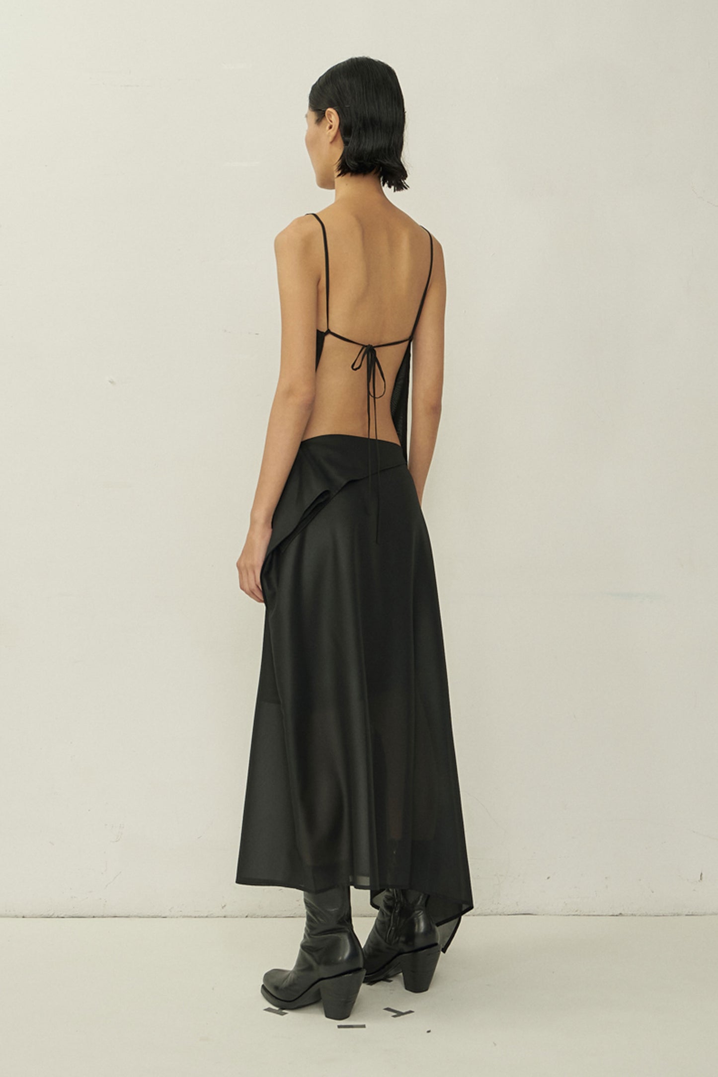 BLACK GLOSSY CHIFFON BIAS CUT SQUARE NECK OPEN BACK TOP