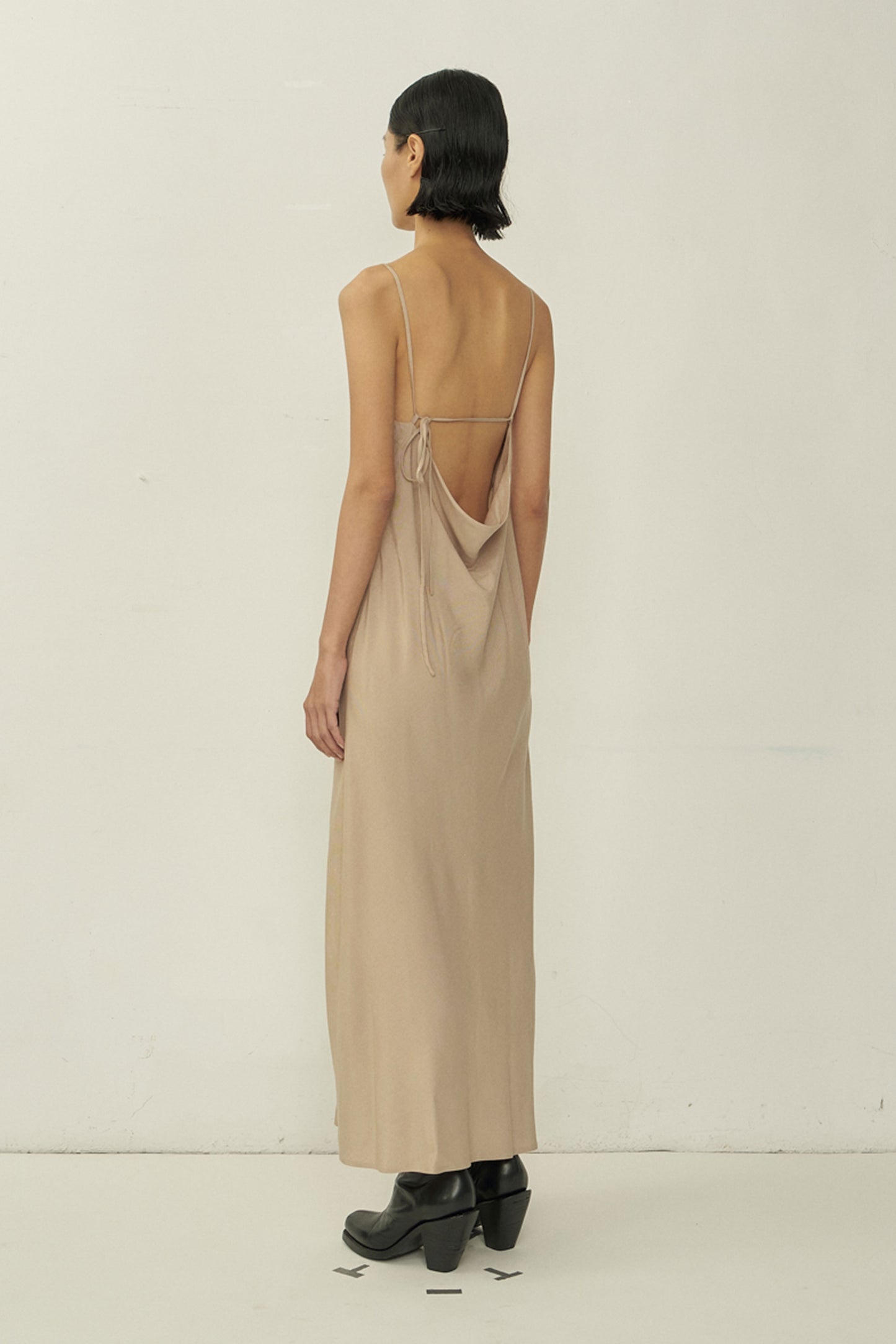 NUDE BIAS CUT SQUARE NECK OPEN BACK DRESS