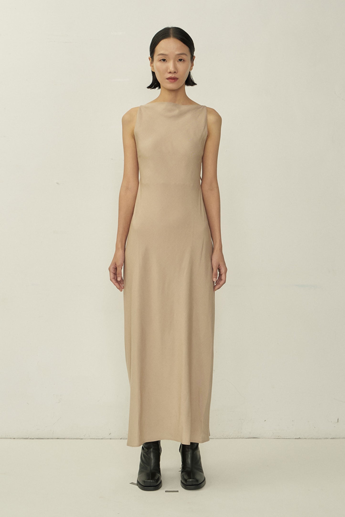 NUDE BIAS CUT SQUARE NECK OPEN BACK DRESS