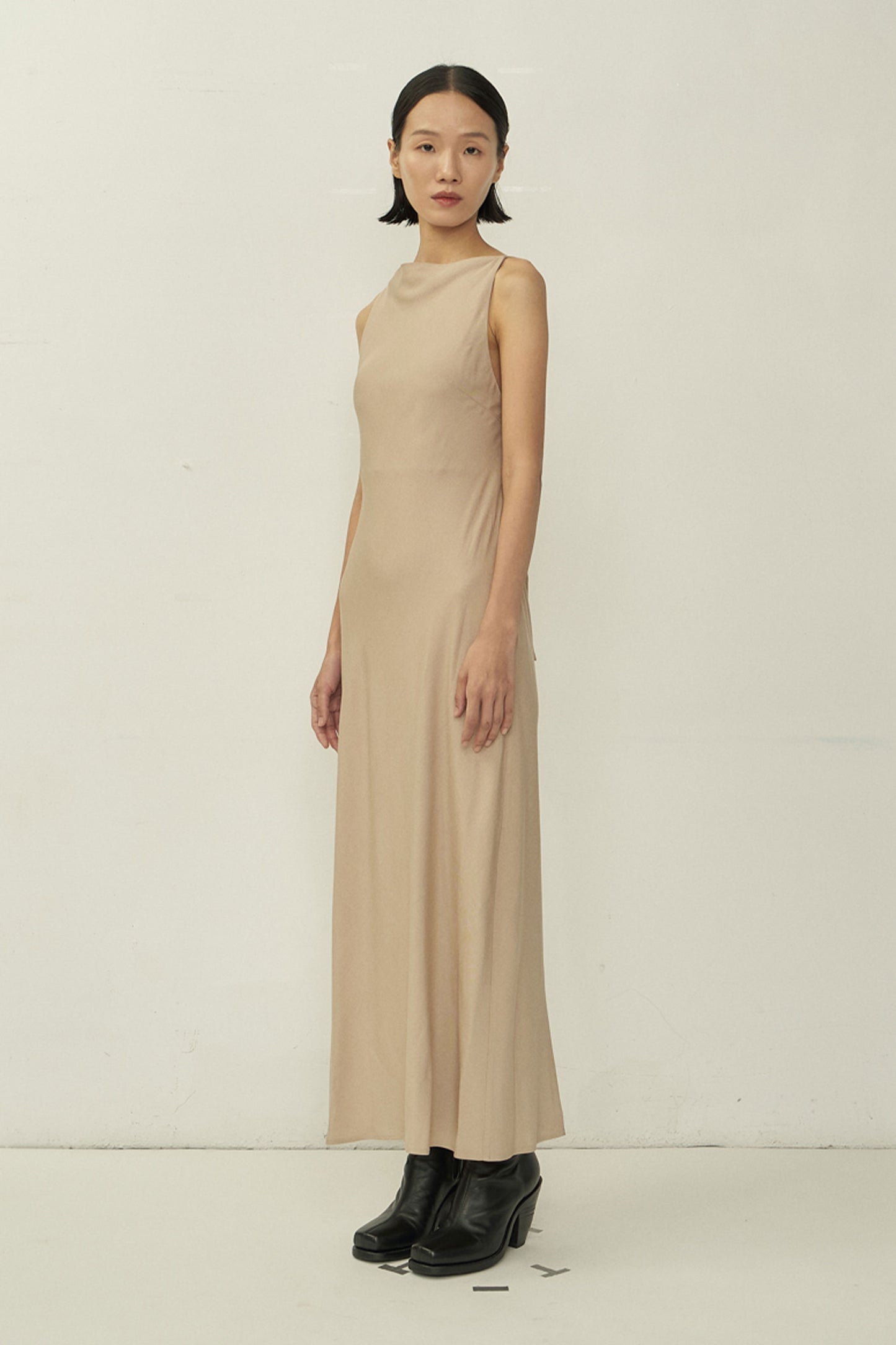 NUDE BIAS CUT SQUARE NECK OPEN BACK DRESS
