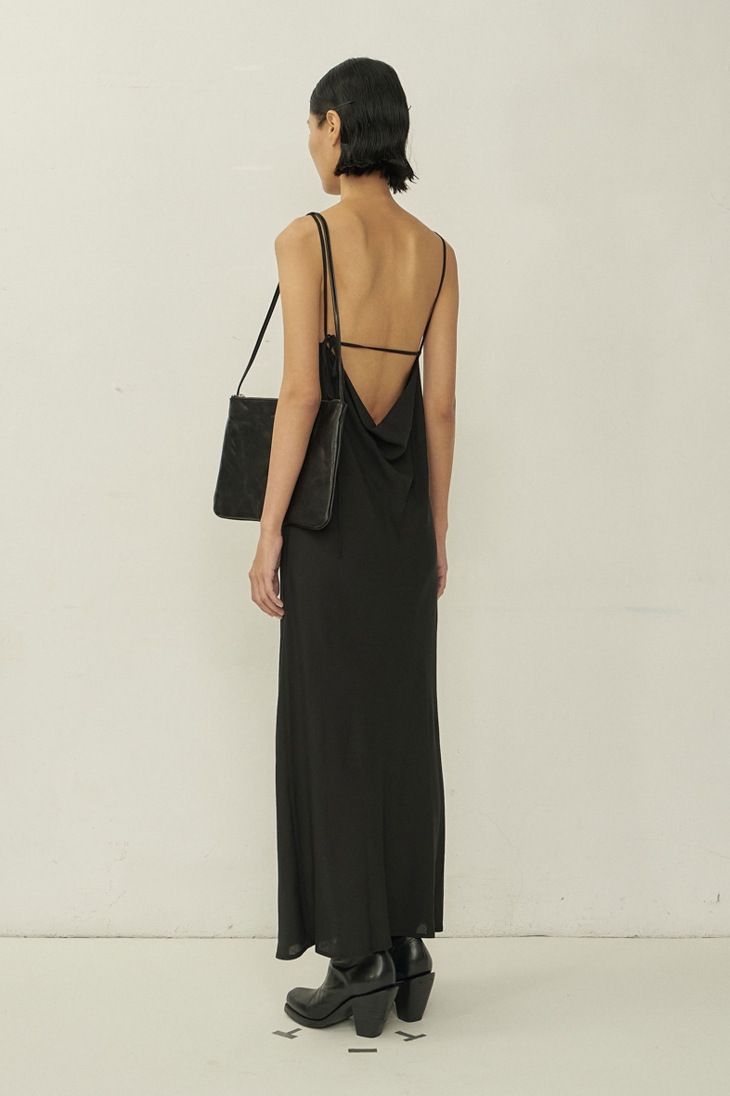 BLACK BIAS CUT SQUARE NECK OPEN BACK DRESS