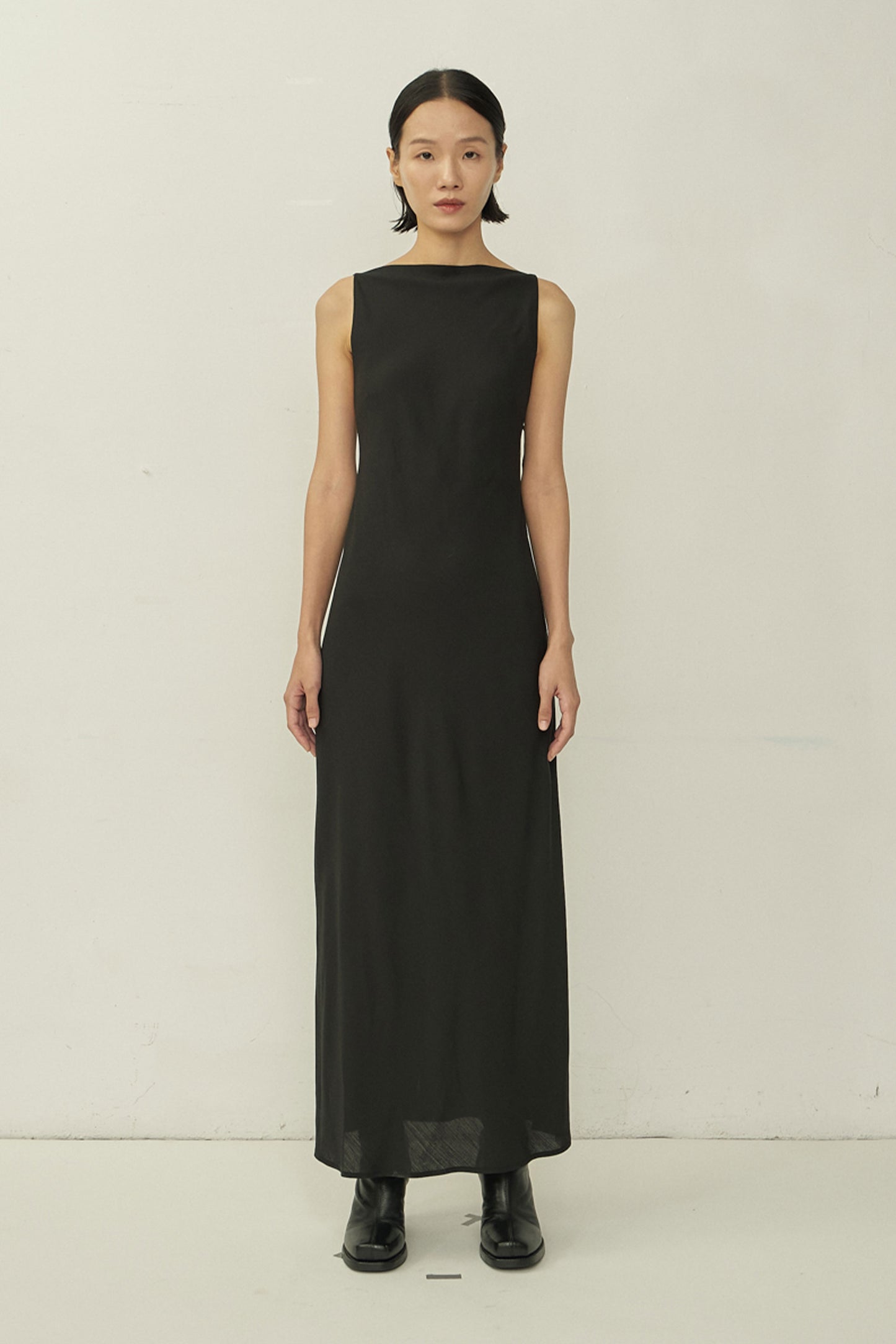 BLACK BIAS CUT SQUARE NECK OPEN BACK DRESS