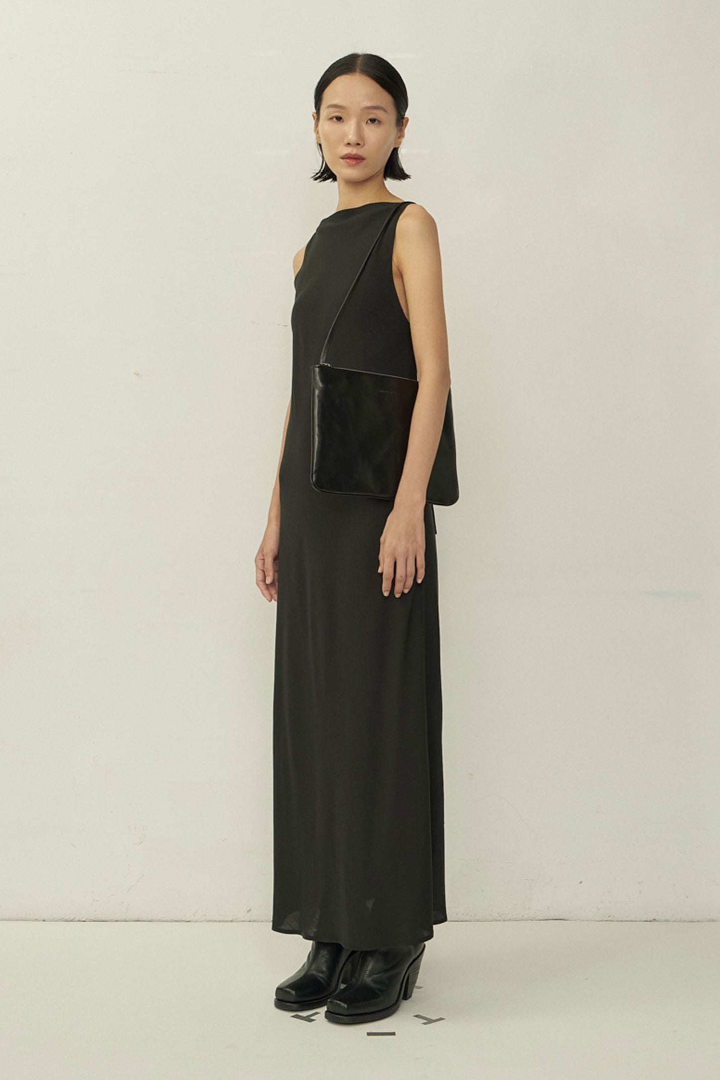 BLACK BIAS CUT SQUARE NECK OPEN BACK DRESS