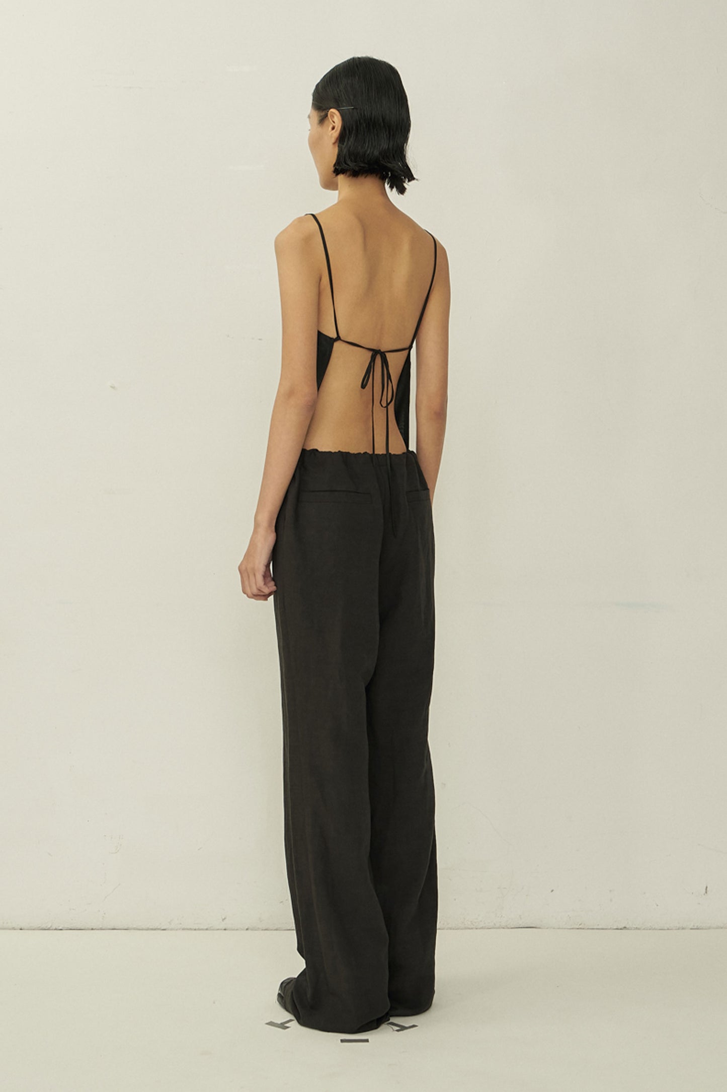 BLACK LOW RISE DRAWSTRING RAW EDGE TROUSERS