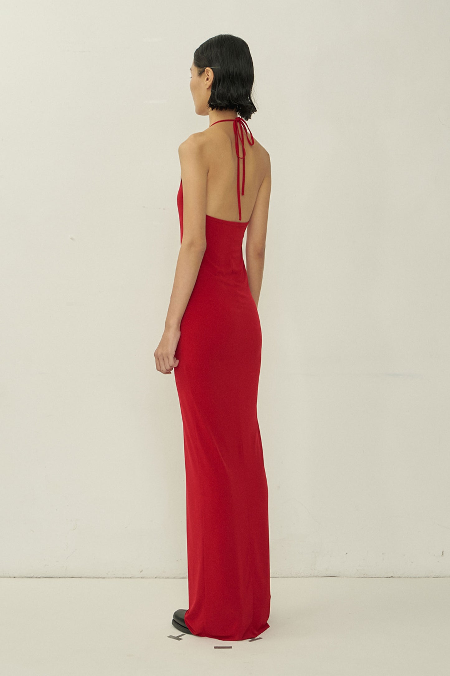 RED SKINNY APRON MAXI DRESS