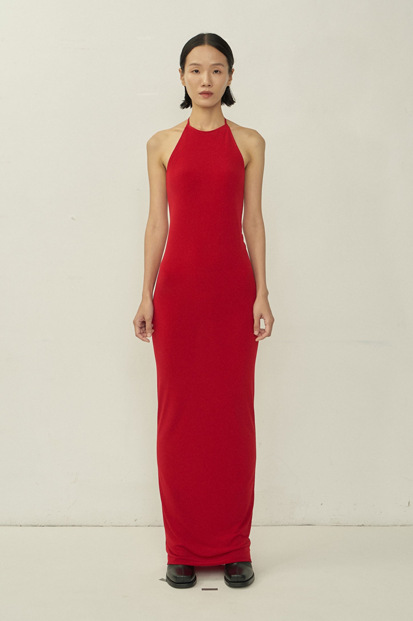 RED SKINNY APRON MAXI DRESS