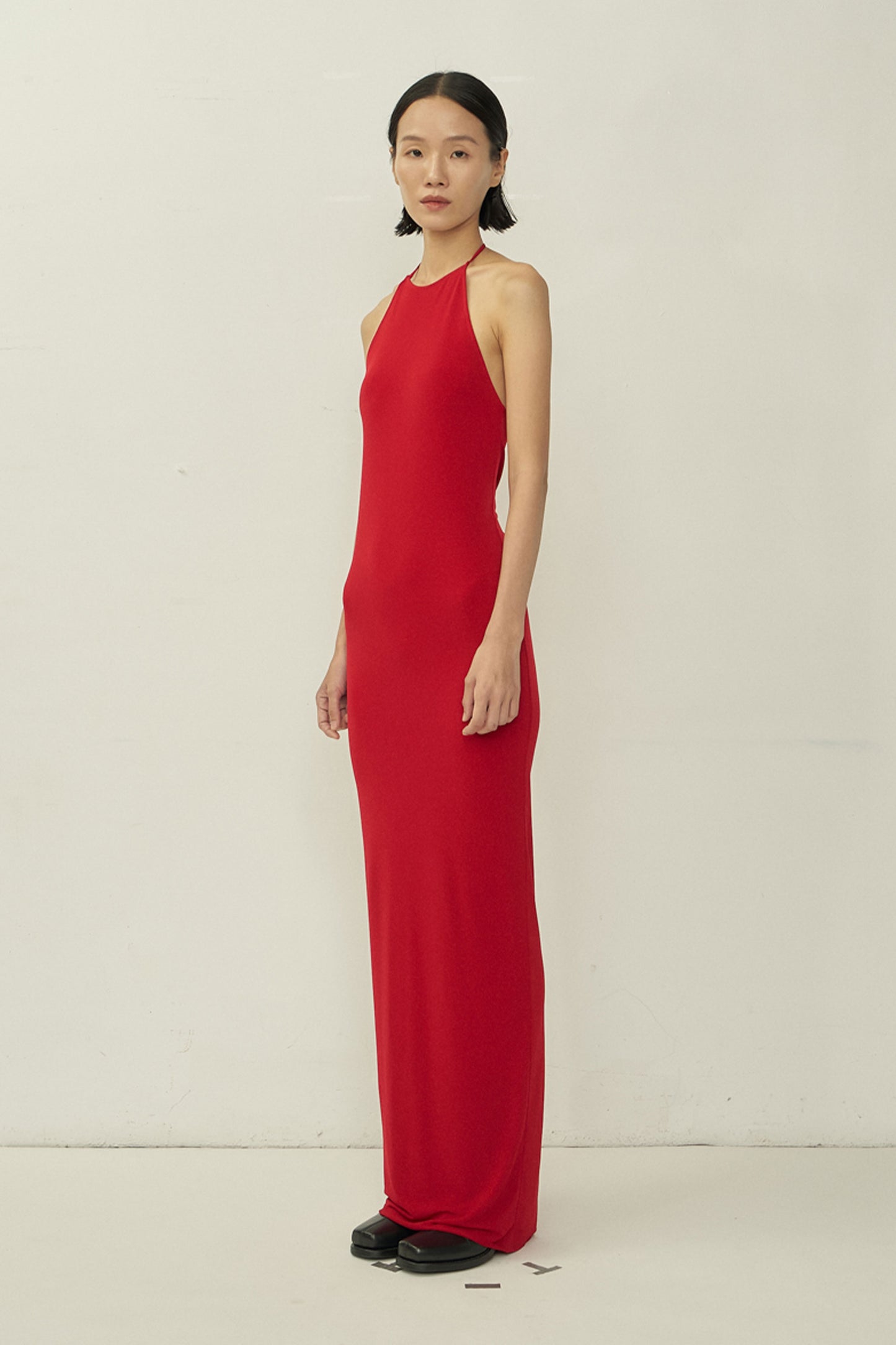 RED SKINNY APRON MAXI DRESS