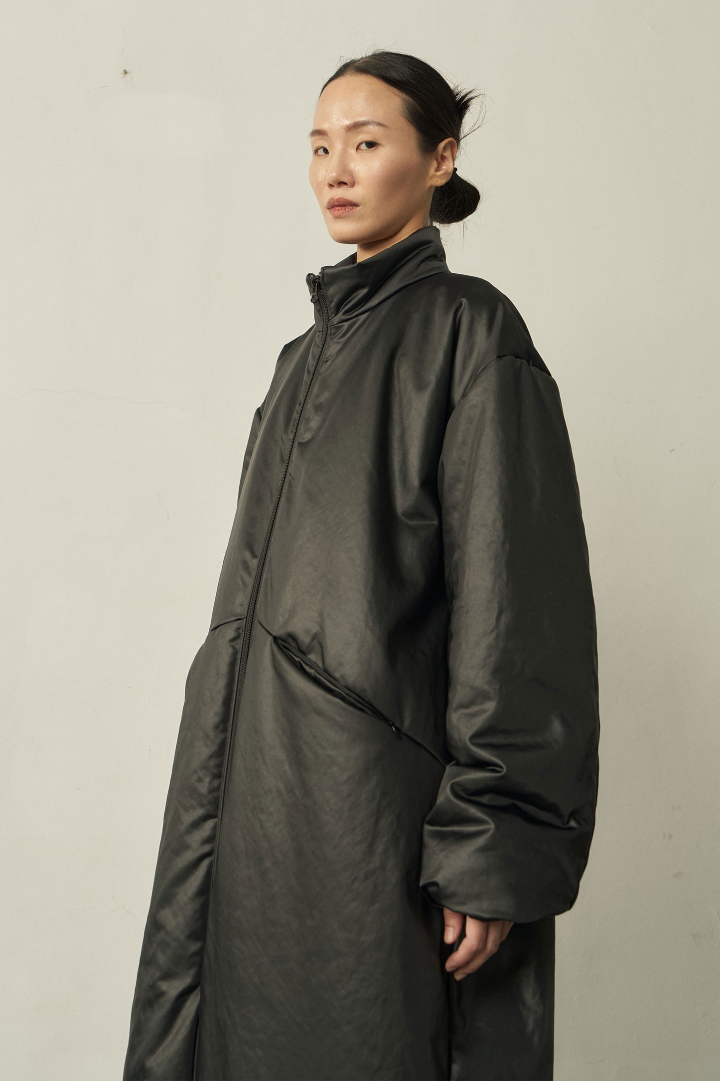 BLACK HIGH NECK ZIP PADDED COAT