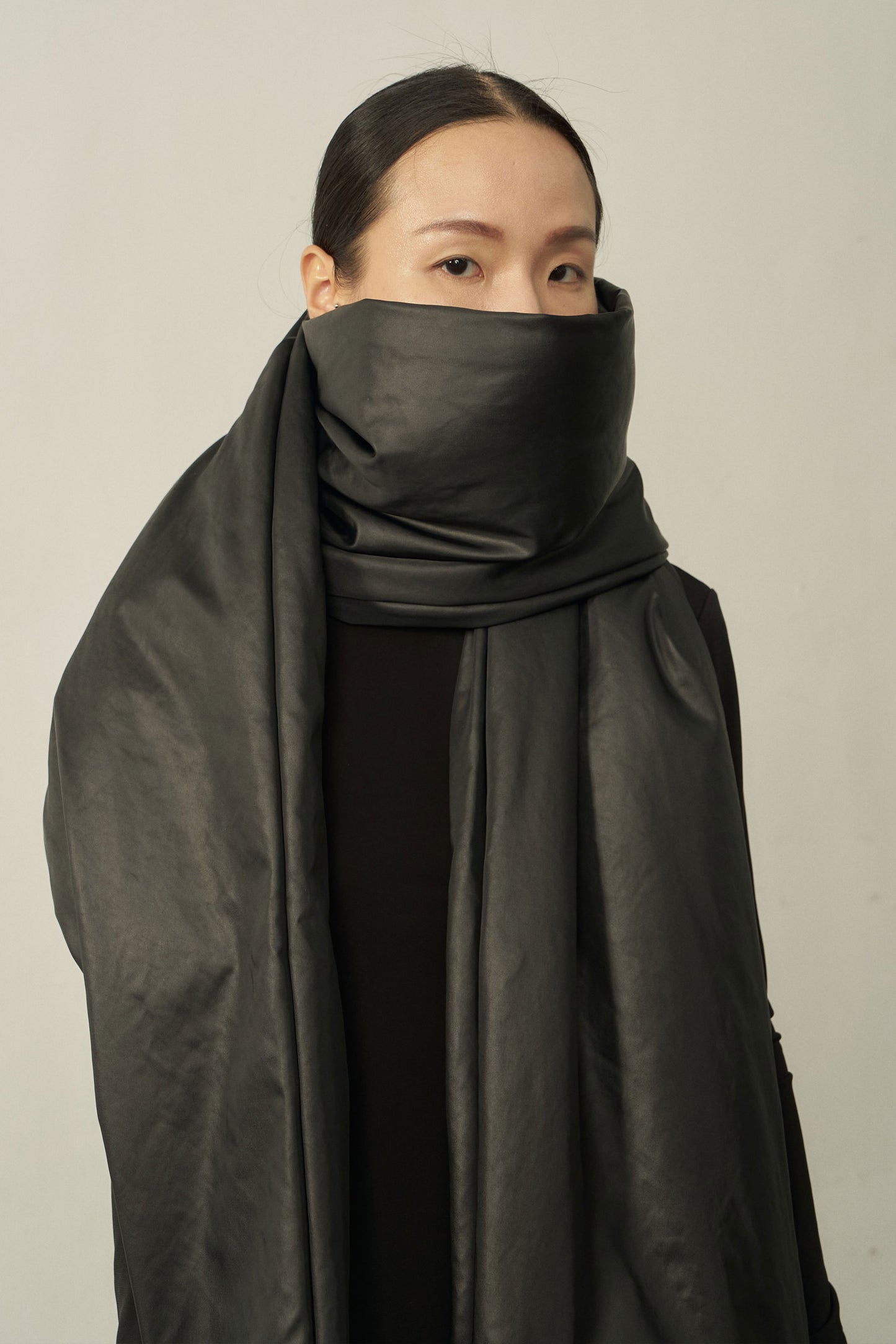 BLACK LEATHER-LIKE PADDED MAXI SCARF