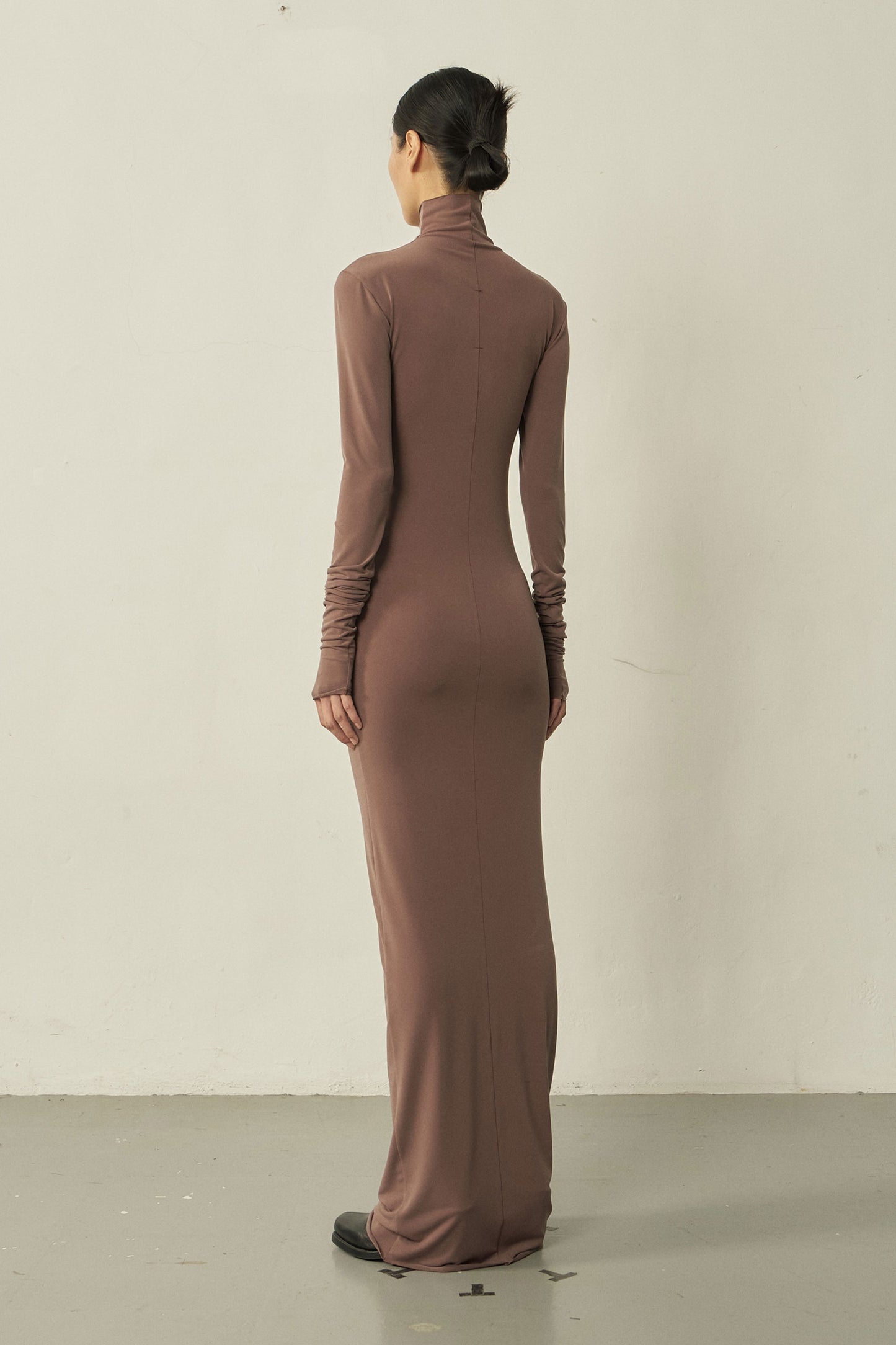 KHAKI LONG-SLEEVE HIGH NECK SKINNY MAXI DRESS