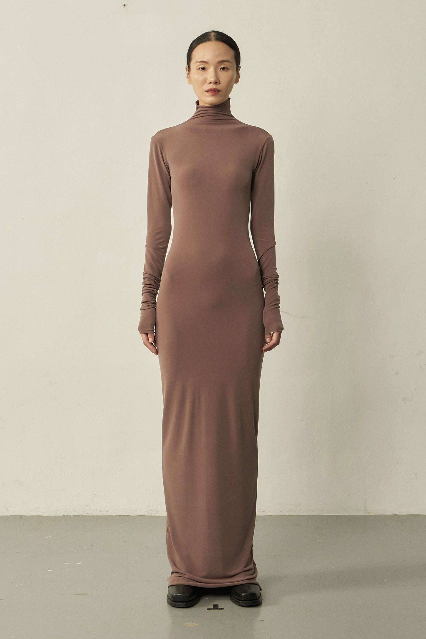 KHAKI LONG-SLEEVE HIGH NECK SKINNY MAXI DRESS