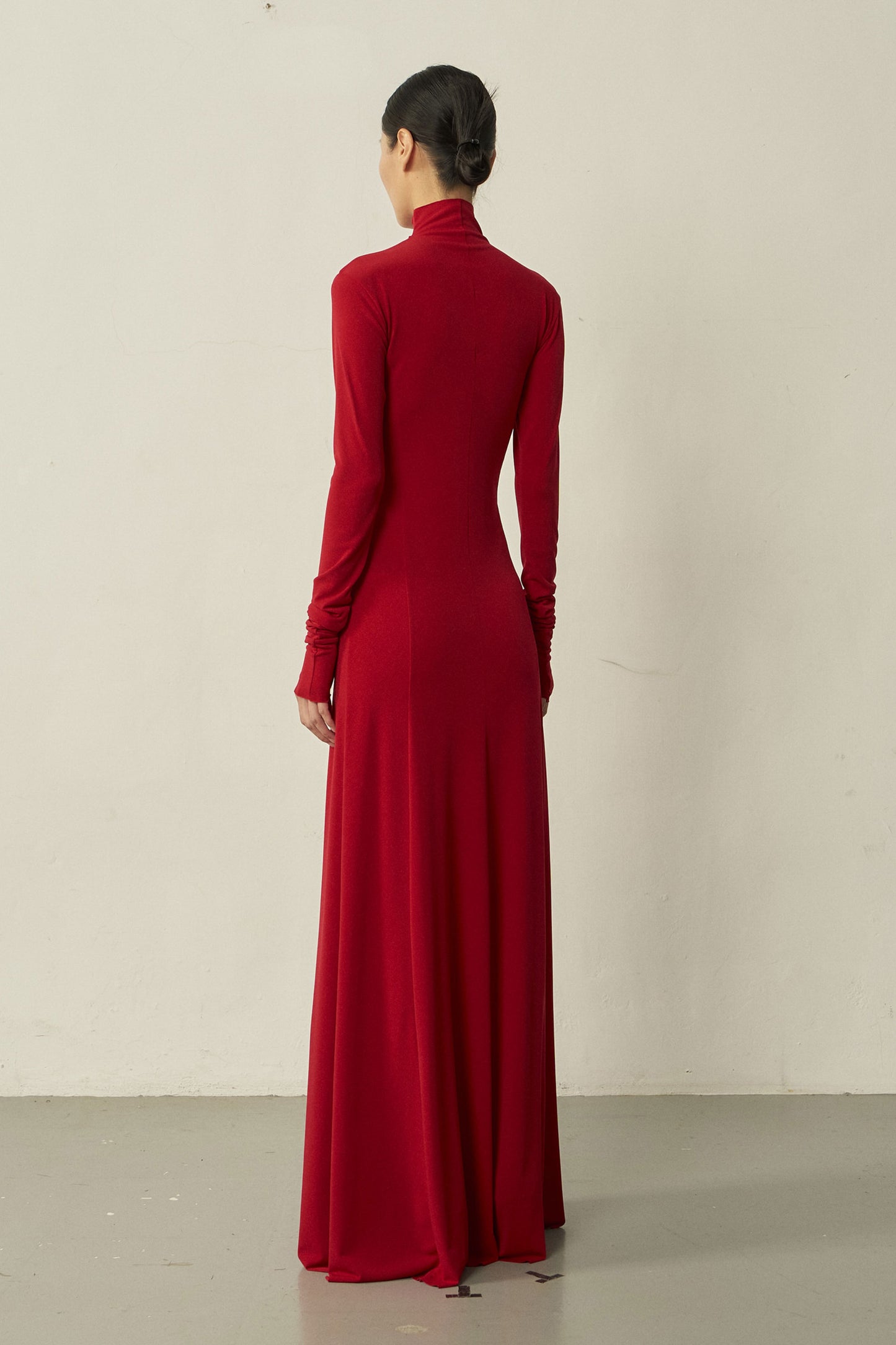 RED LONG-SLEEVE HIGH NECK SKINNY MAXI FLARED DRESS