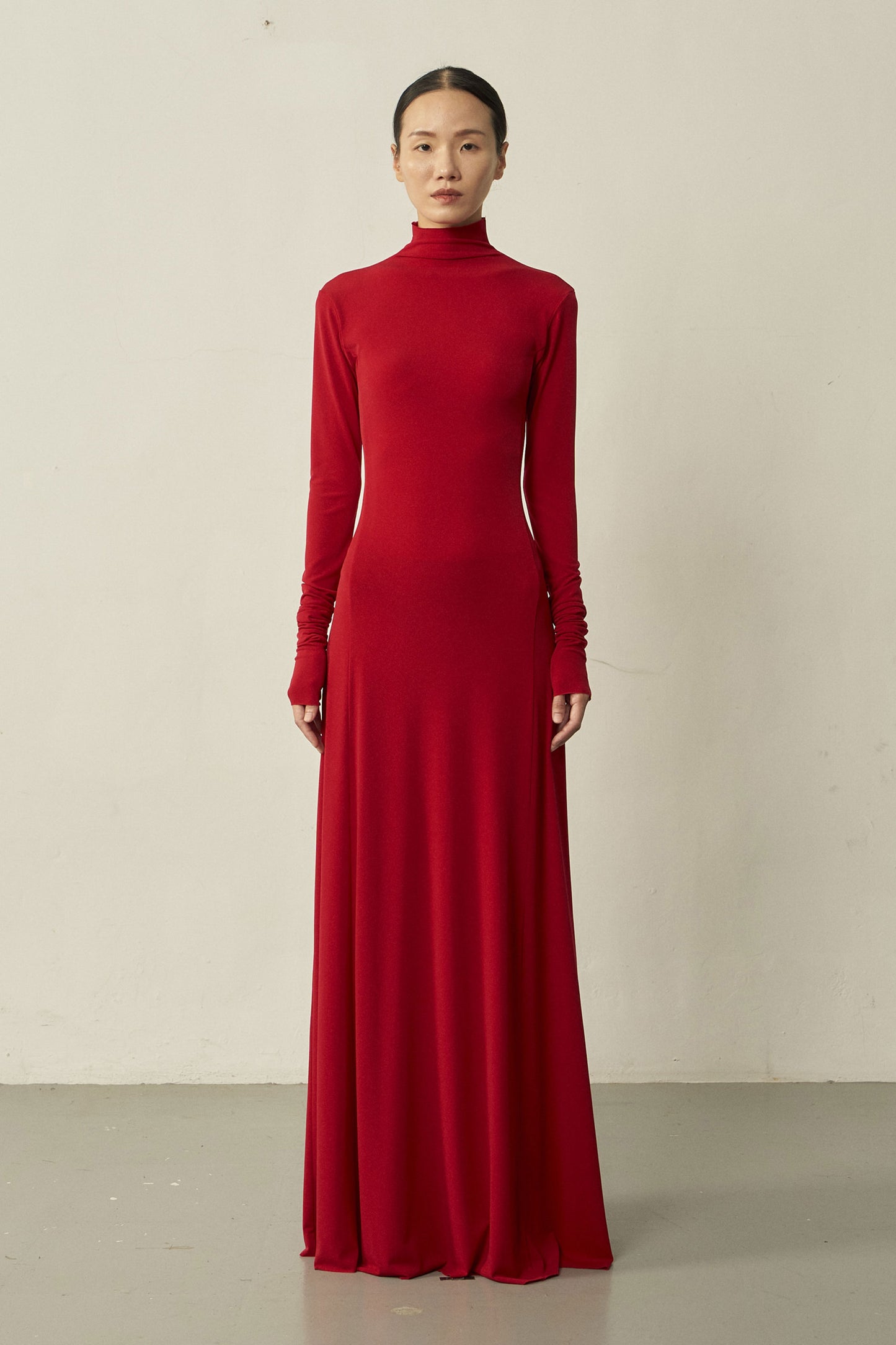 RED LONG-SLEEVE HIGH NECK SKINNY MAXI FLARED DRESS