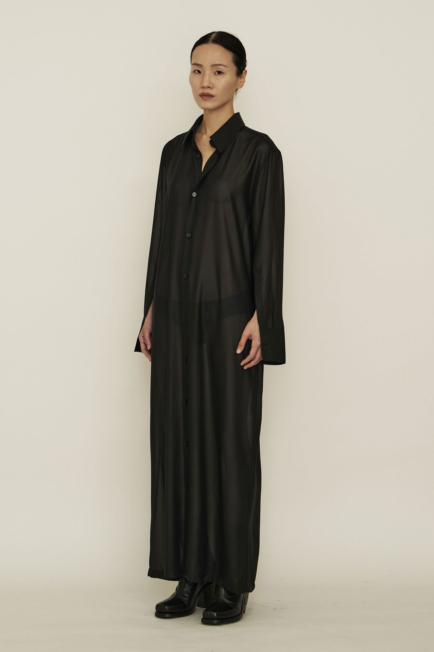 BLACK CHIFFON SLIM SHIRT DRESS