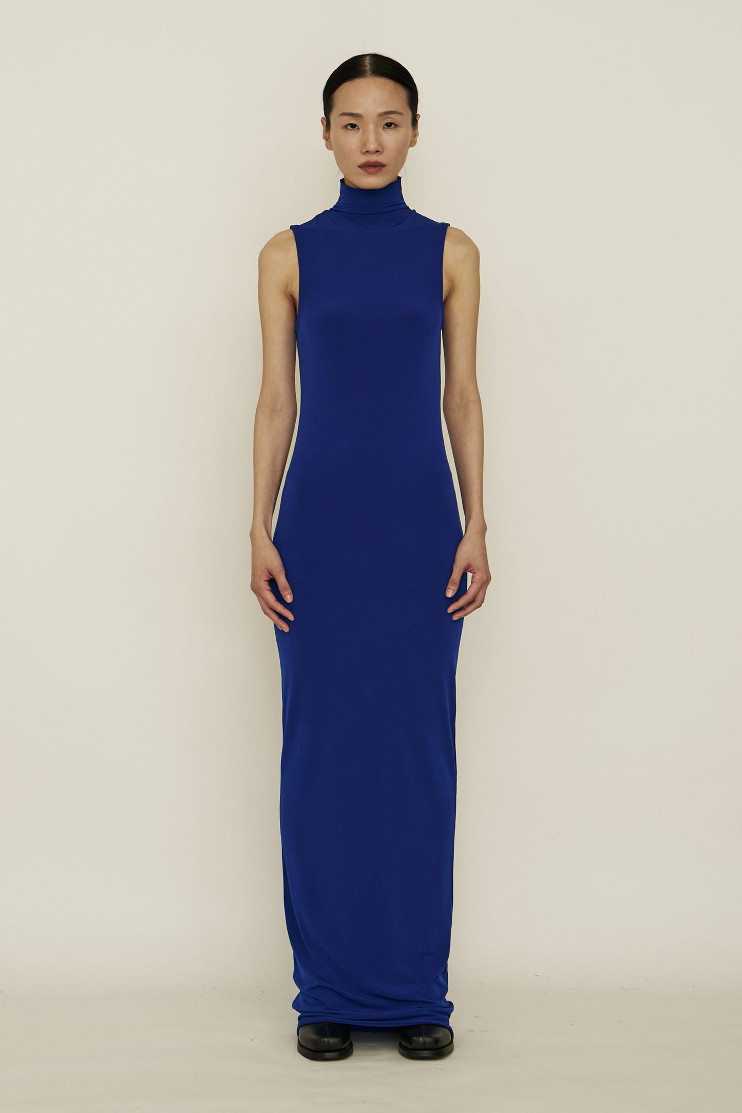 BLUE SKINNY HIGH NECK SLEEVELESS MAXI DRESS
