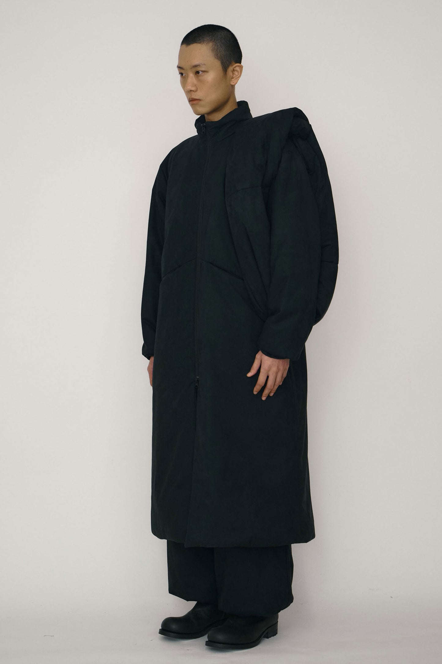 BLACK FAUX-SUEDE PADDED HIGH-NECK COAT (MADE TO ORDER)