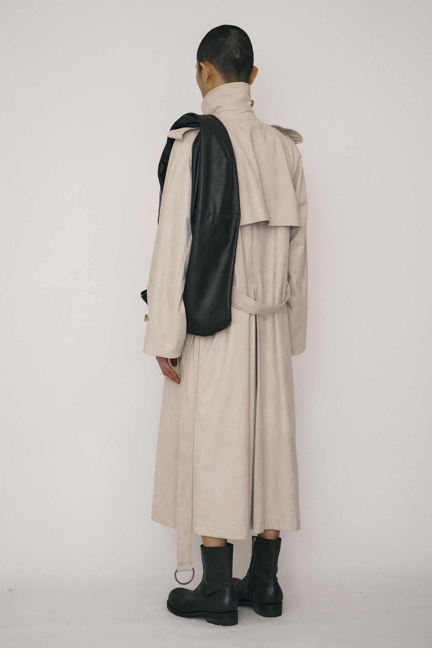 KHAKI FAUX-SUEDE DOUBLE-BREASTED RAGLAN TRENCH COAT (MADE TO ORDER)