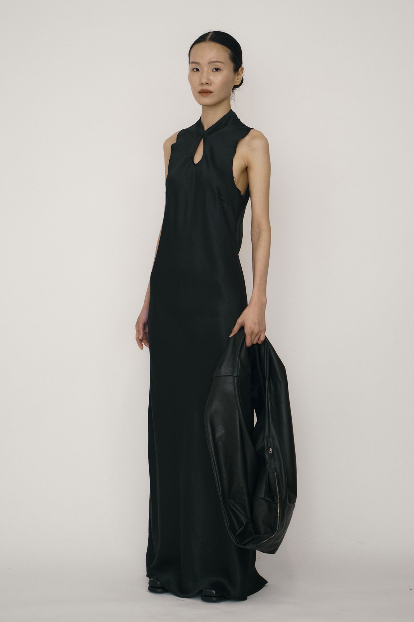 BLACK SATIN MANDARIN COLLAR BIAS-CUT DRESS