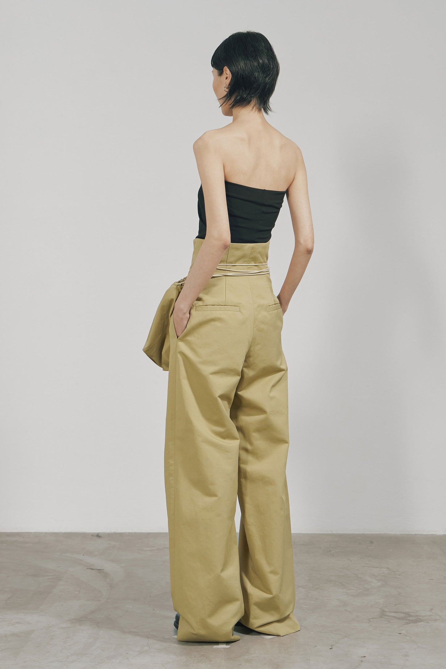 KHAKI COTTON TWILL HIGH-WAIST WIDE TROUSERS