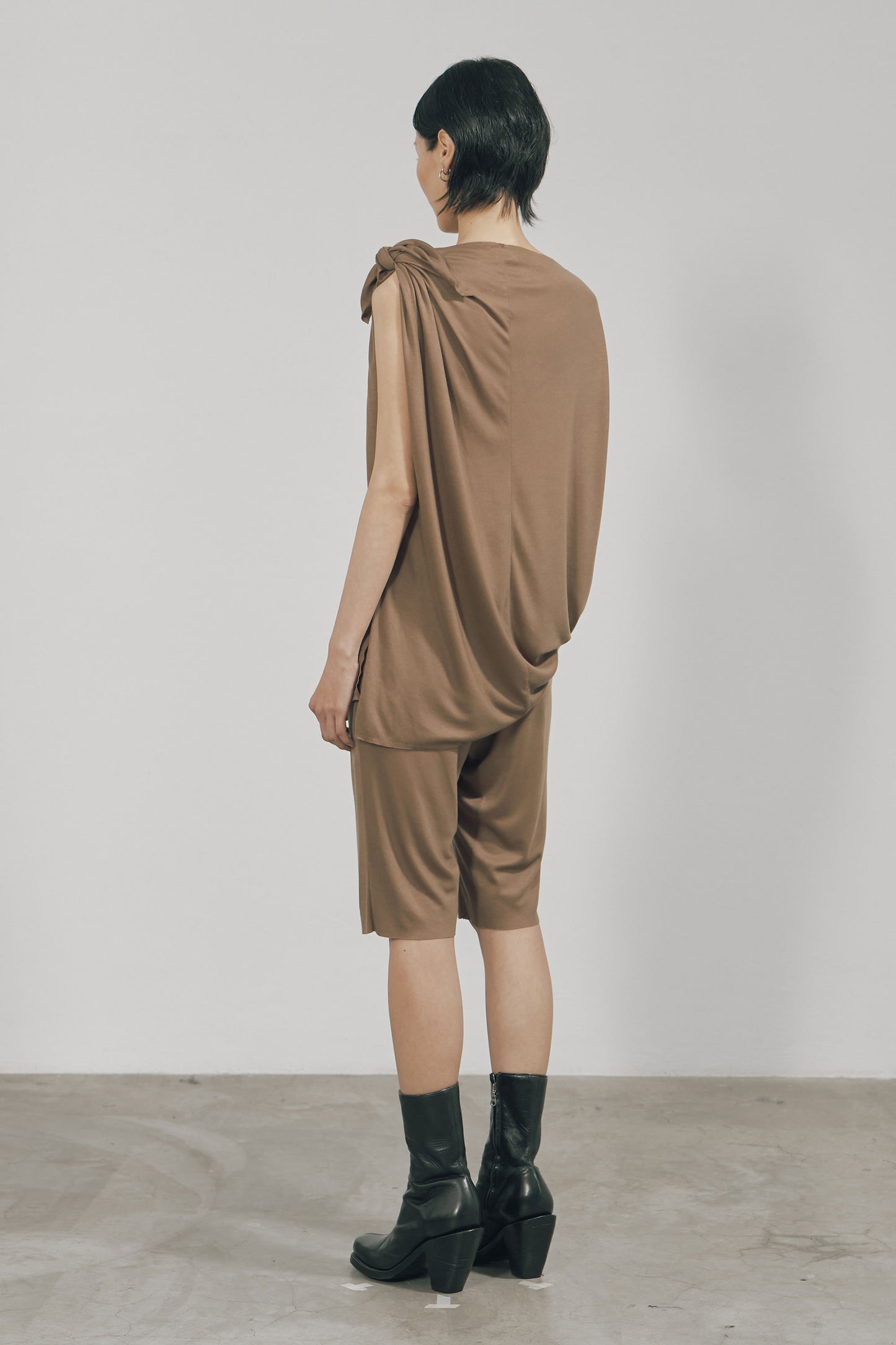 KHAKI TENCEL JERSEY RAW EDGE ASYMMETRIC CUTTING TOP