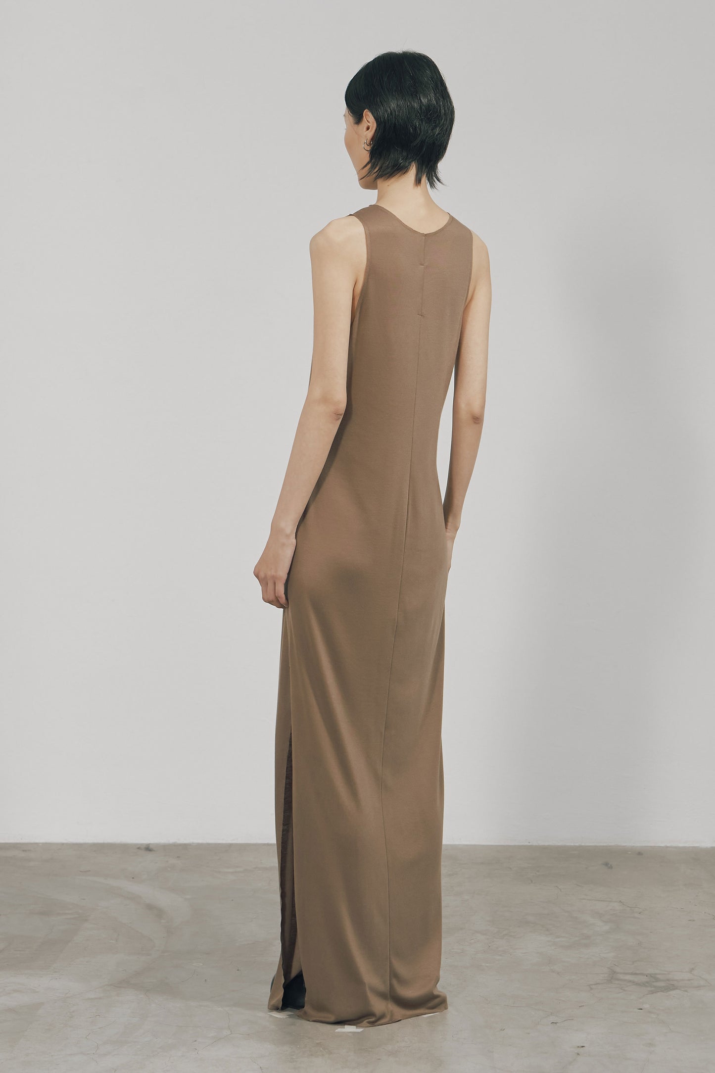 KHAKI TENCEL JERSEY RAW EDGE TANK DRESS