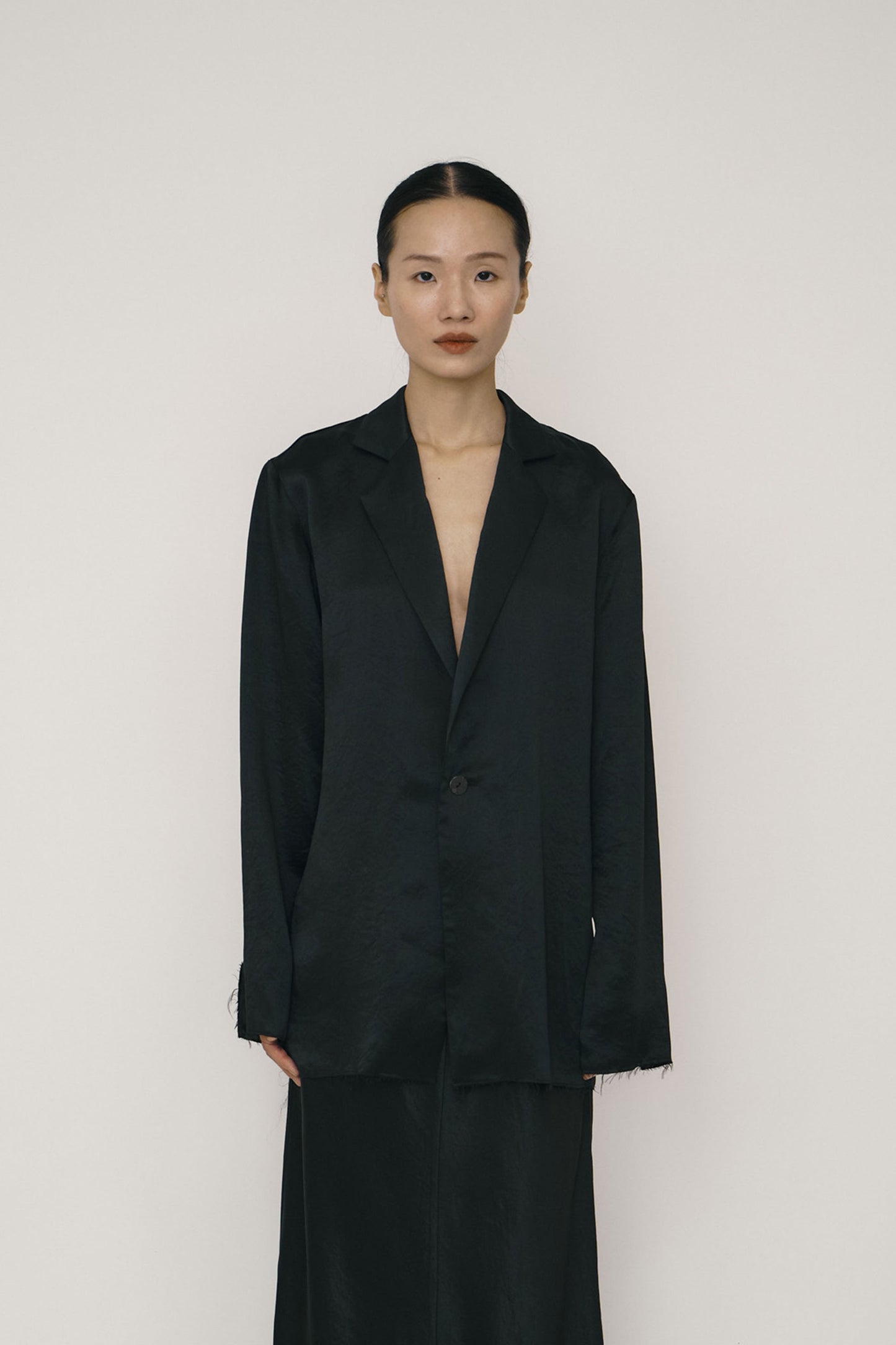 BLACK SATIN RAW EDGE BLAZER SHIRT