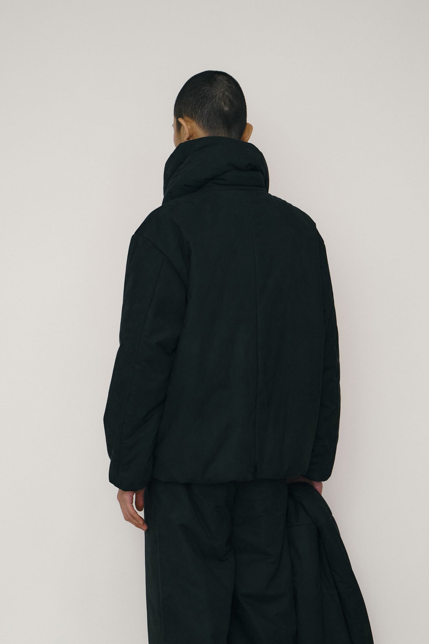 BLACK FAUX-SUEDE PADDED HIGH-NECK JACKET (MADE TO ORDER)