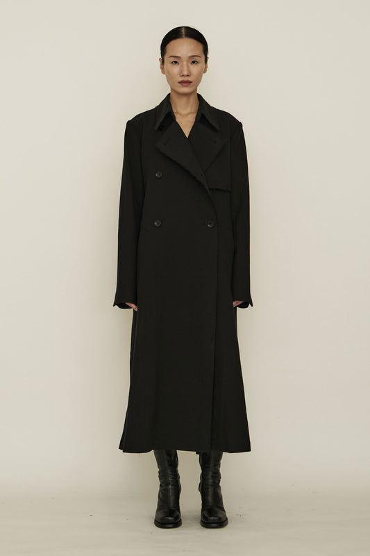 BLACK COTTON RAW EDGE TRENCH COAT  (MADE TO ORDER)