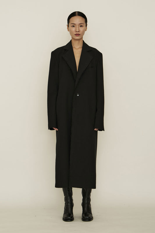 BLACK COTTON RAW EDGE BLAZER COAT