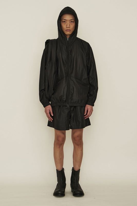 BLACK NYLON ZIP-UP HOODED WIND JACKET