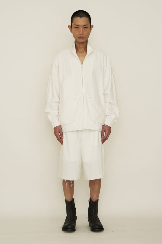 WHITE COTTON HIGH-NECK ZIP-UP JACKET